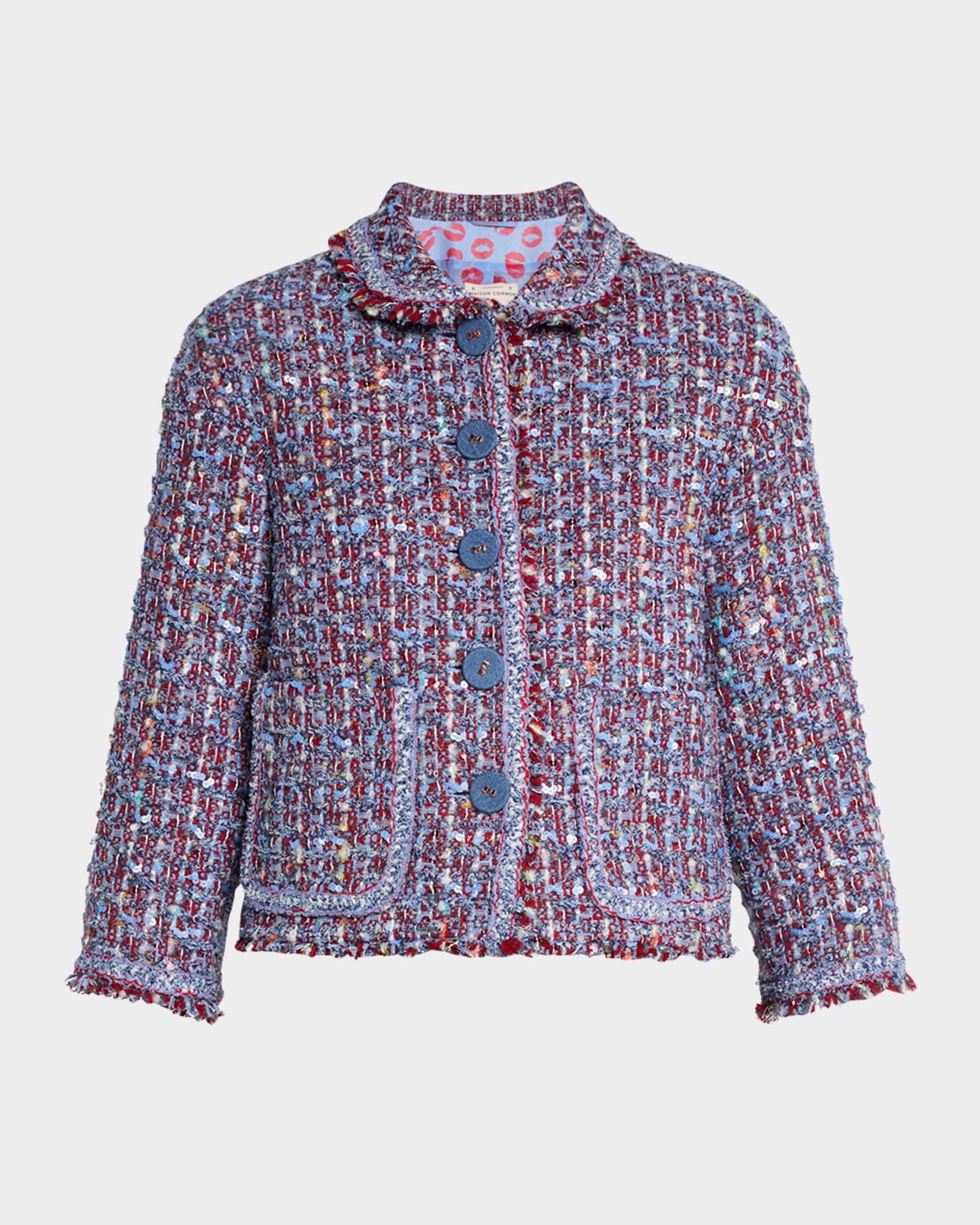 3/4-Sleeve Paillette Multi Tweed Caban Jacket 0