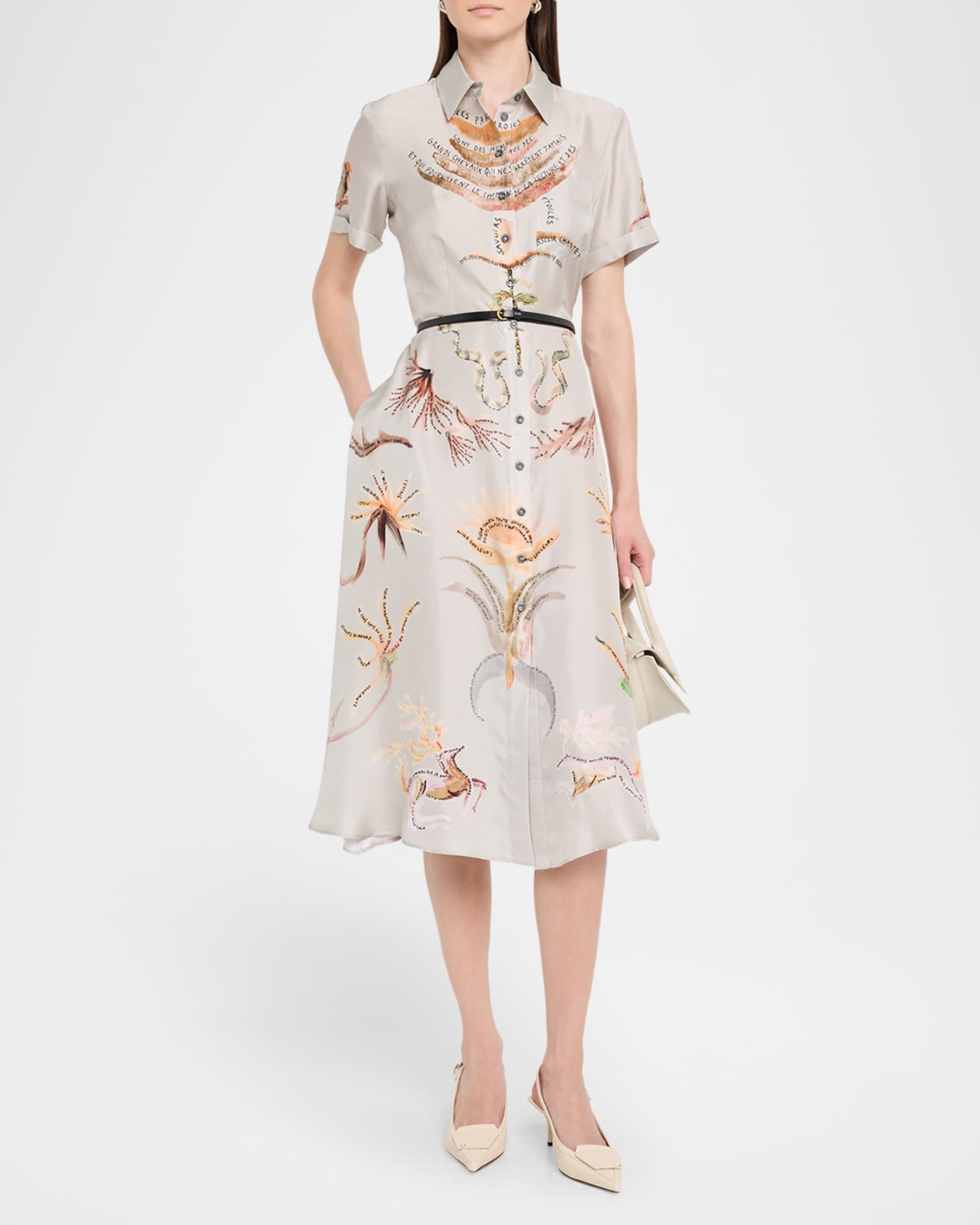 Kiera Printed Short-Sleeve Silk Midi Shirtdress 1