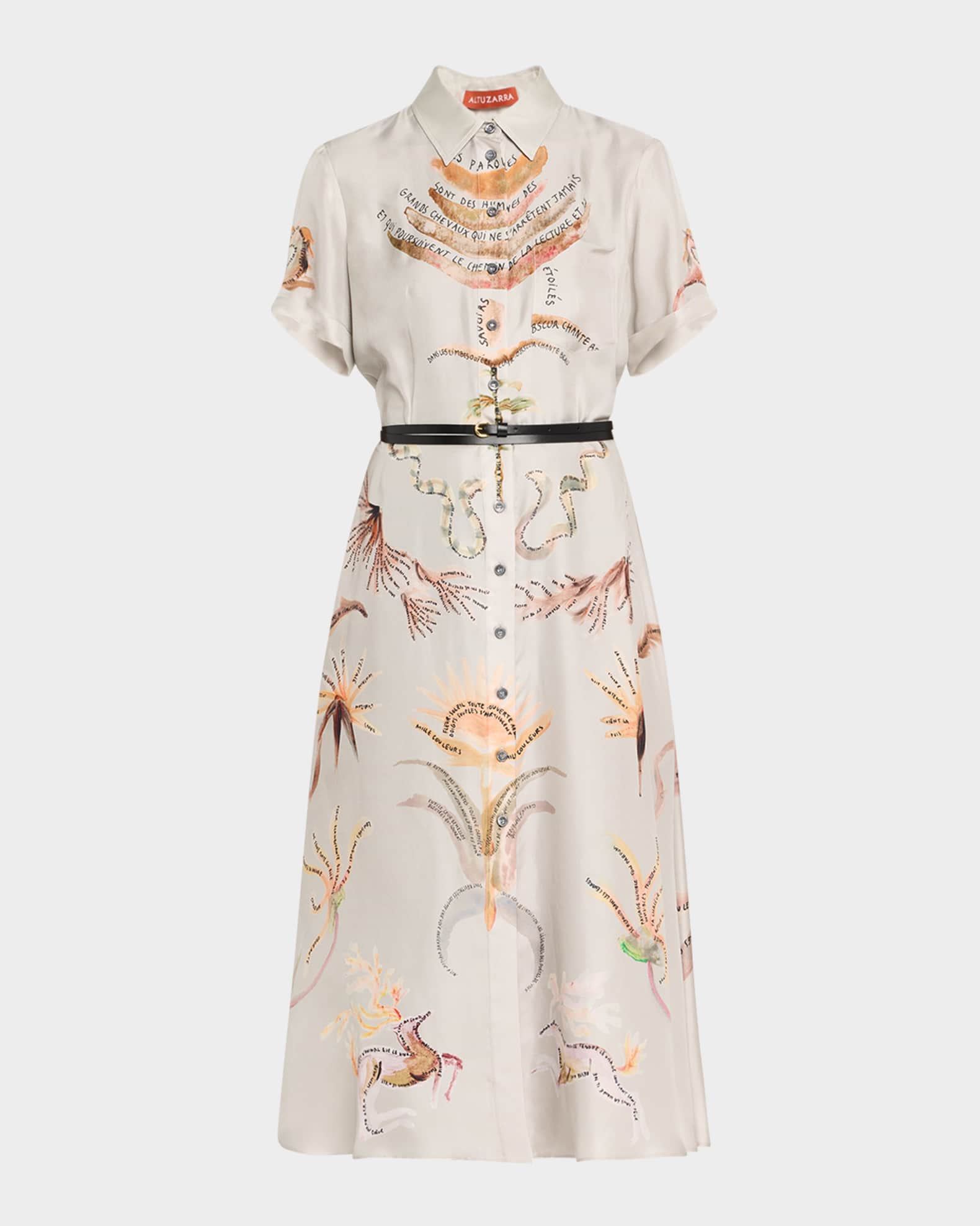 Kiera Printed Short-Sleeve Silk Midi Shirtdress 0