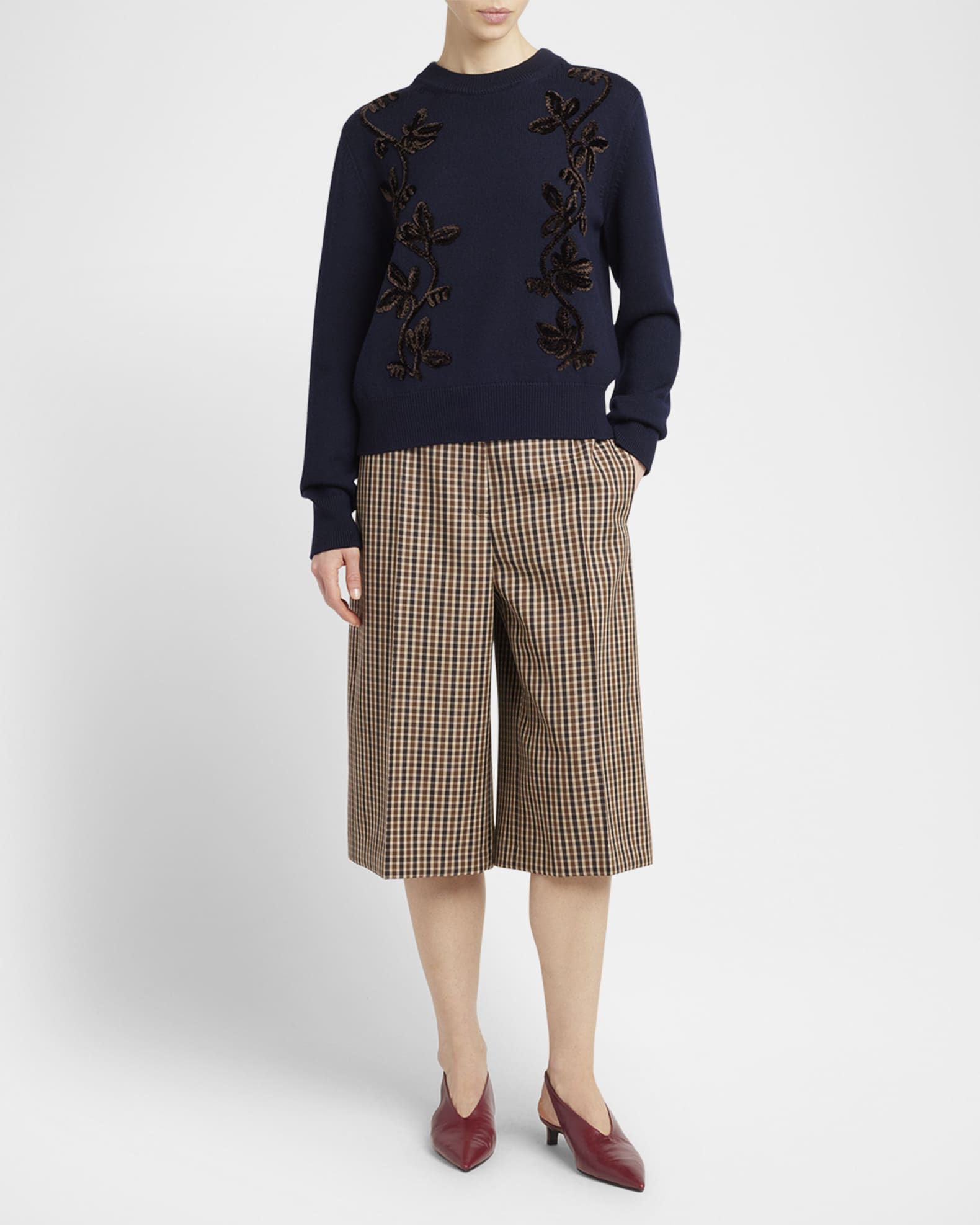 Velvet Floral Embroidered Merino Crewneck Sweater 1