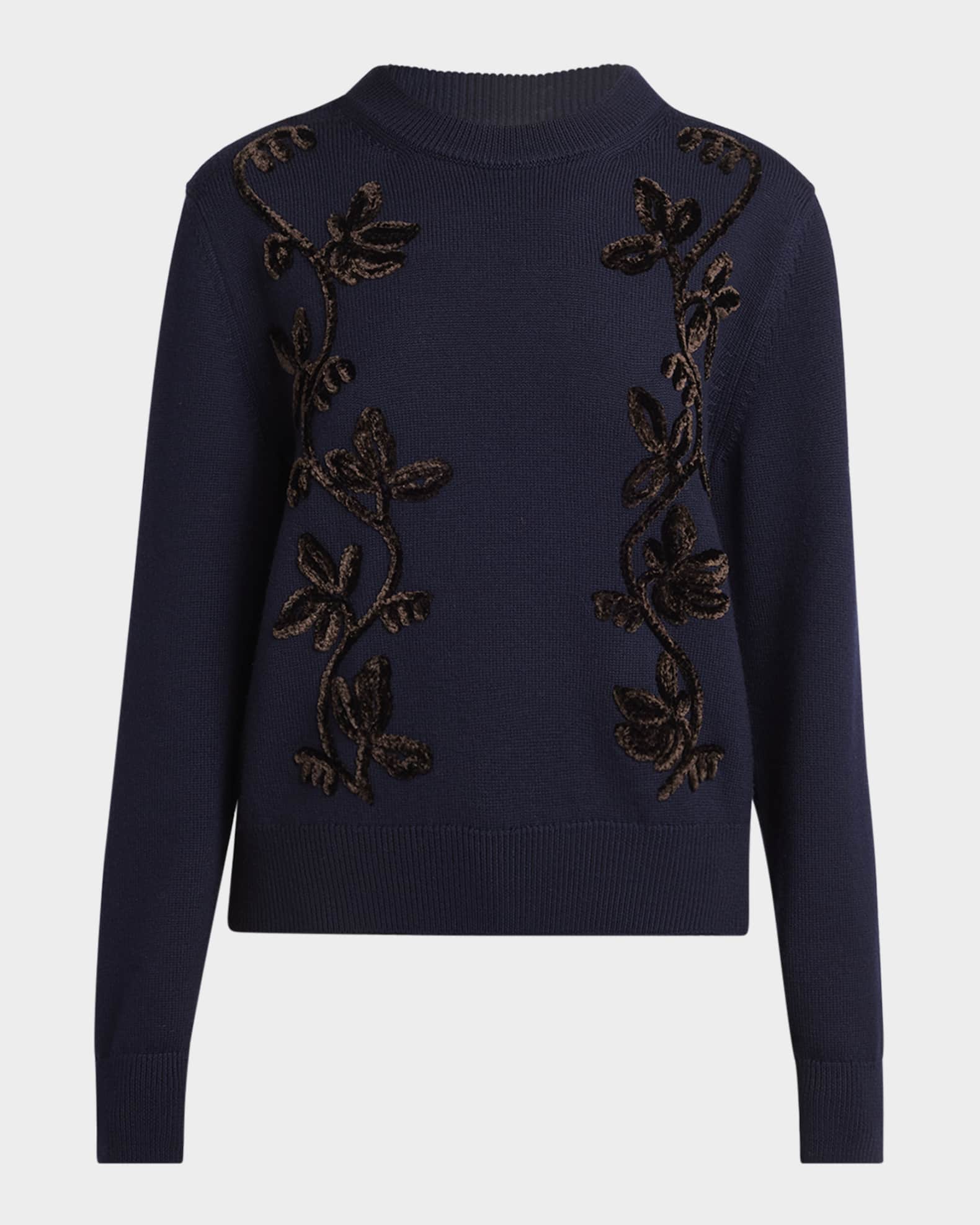Velvet Floral Embroidered Merino Crewneck Sweater 0