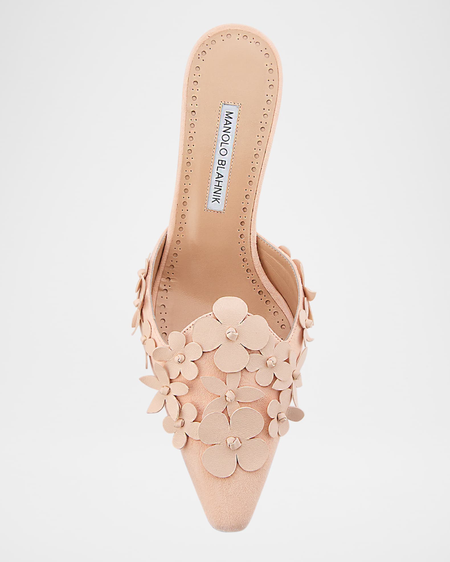Manolo Blahnik Harnes Flower Suede Kitten-Heel Mules