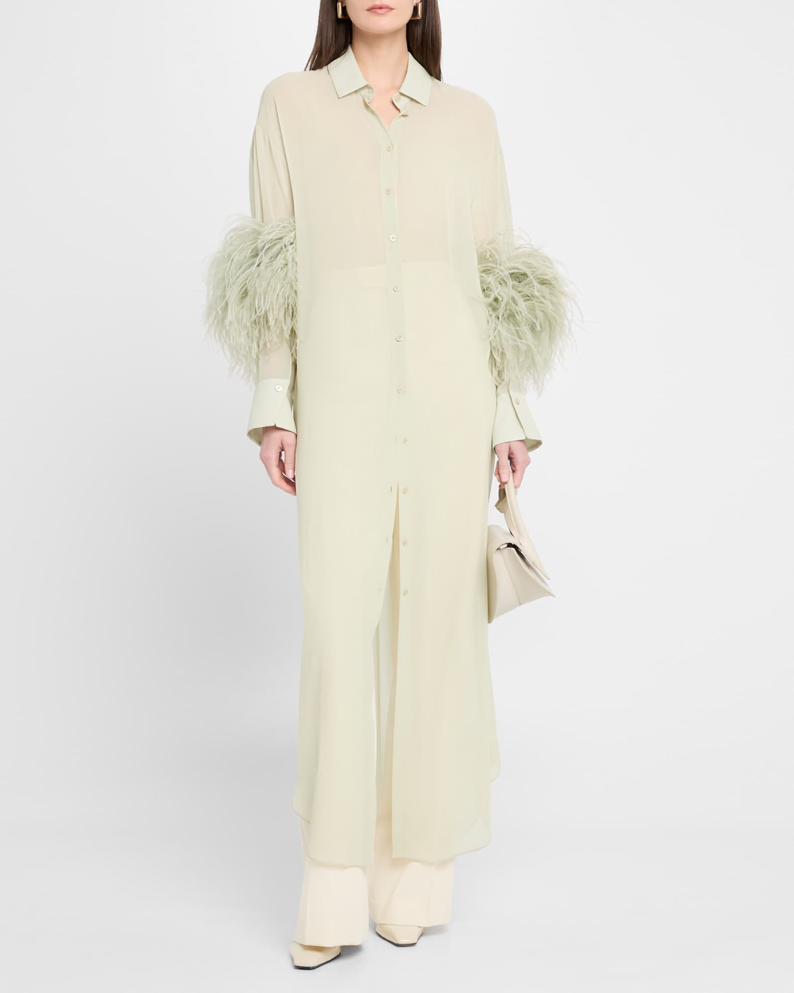Lightweight Georgette Long Button-Down Shirt With Feathers 1