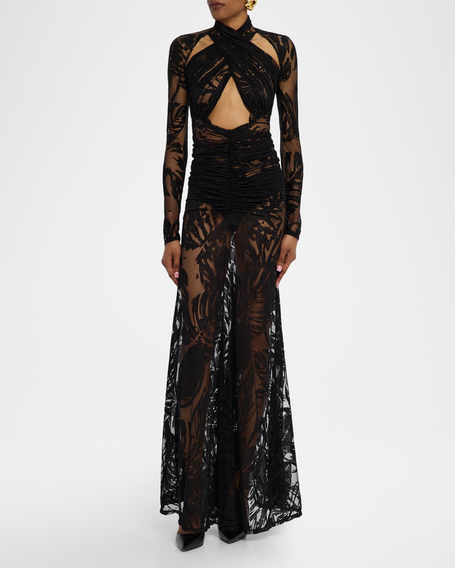 Burnout Jersey Crossover Halter Ruched Gown 1