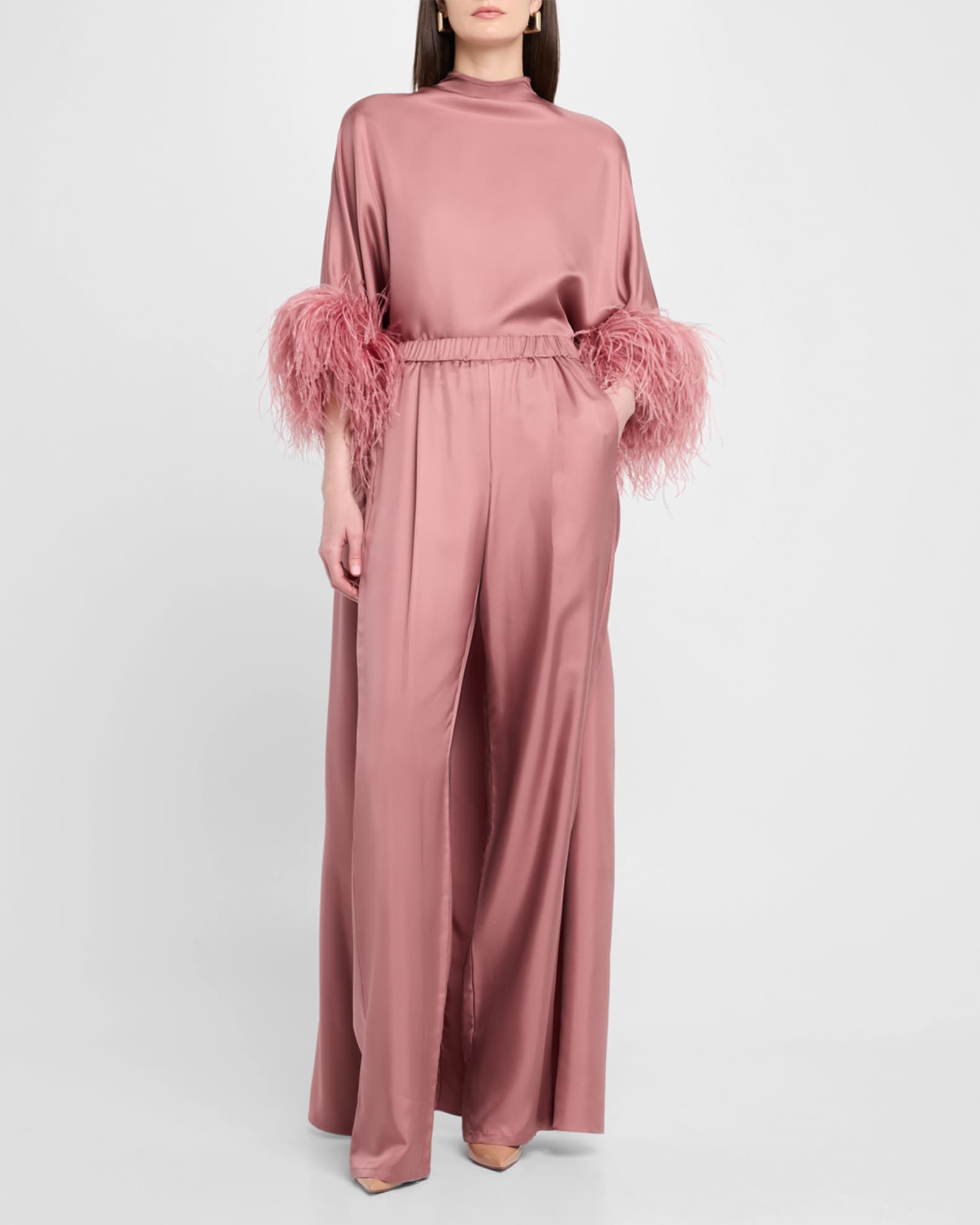 Feather-Trim Silk Twill Mock-Neck High-Low Top 1