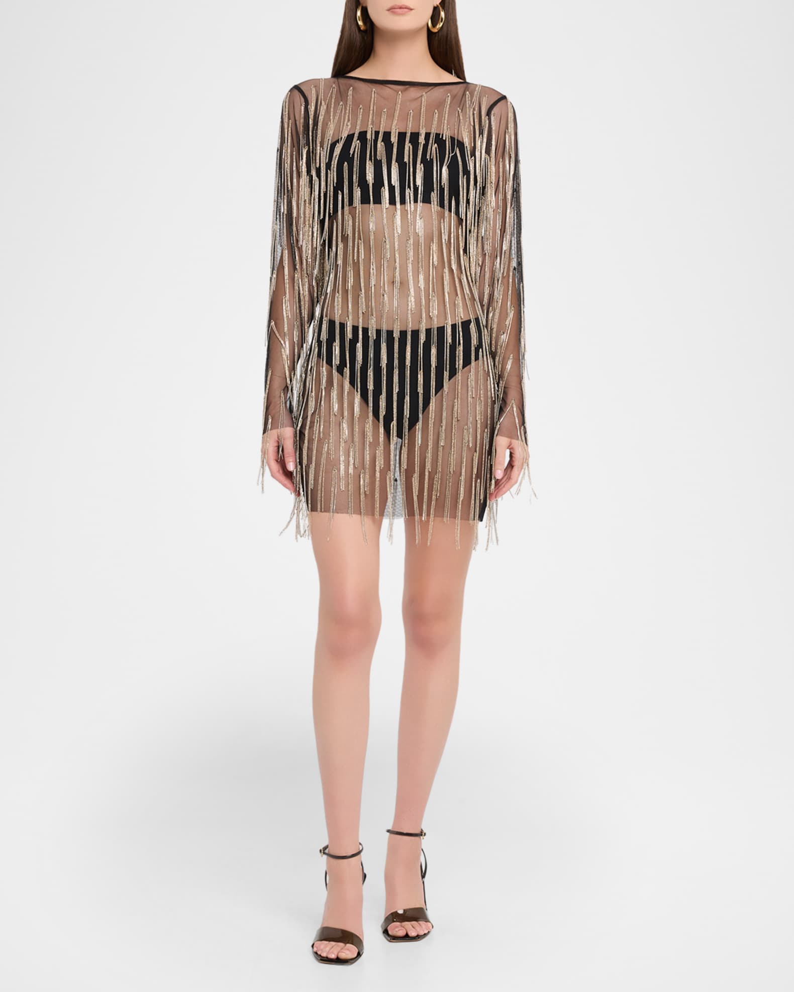 Crystal Fringe Mesh Long-Sleeve Mini Dress 1