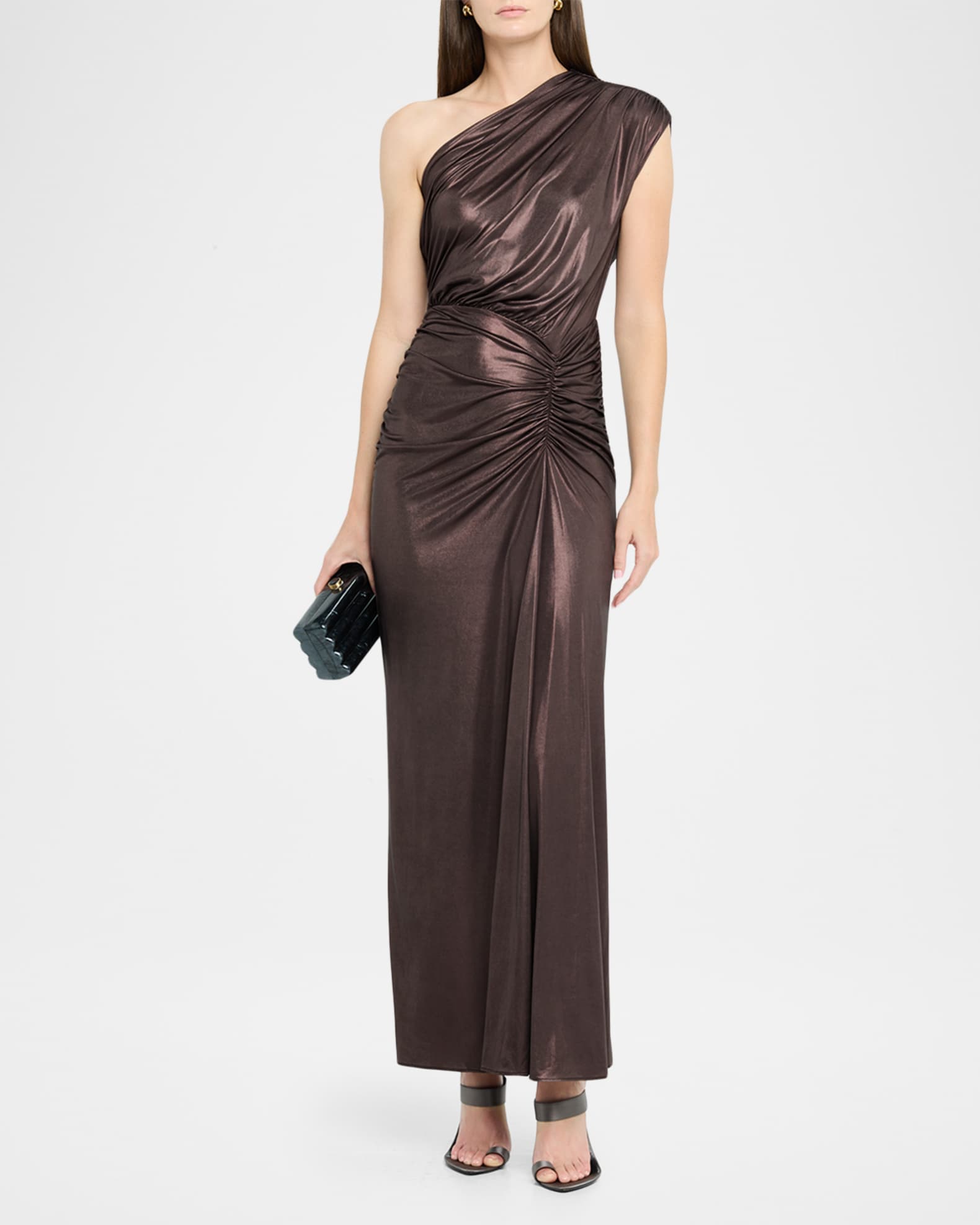 Coated Jersey Ruched One-Shoulder Gown 1