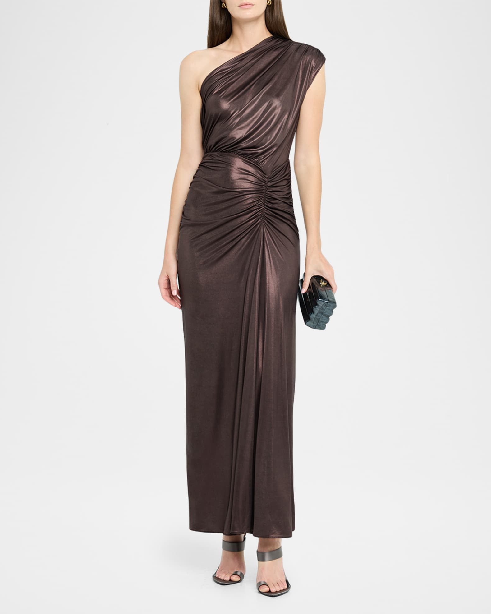 Ruched One Shoulder Gown Brown
