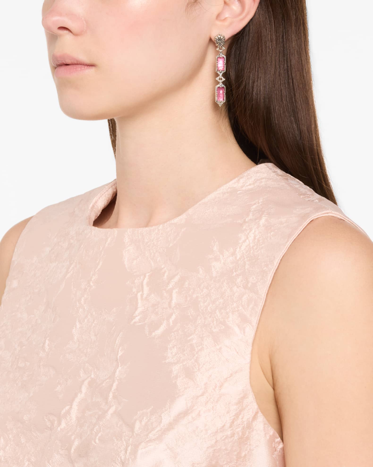 Ivy Rock Crystal, Strawberry Quartz and MOP Linear Earrings 1