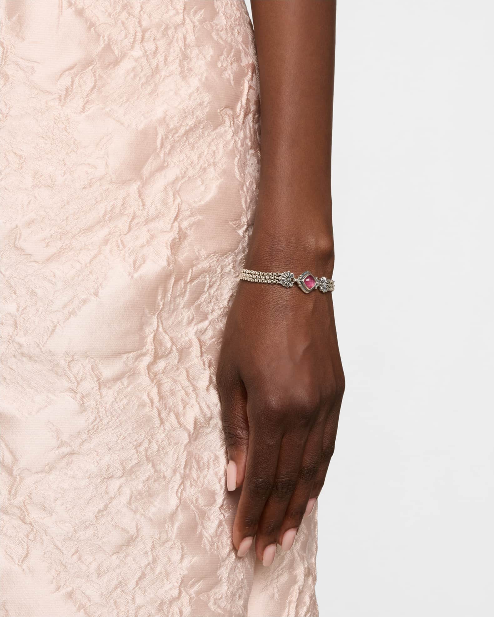 Ivy Rock Crystal, Strawberry Quartz and MOP Triple Chain Bracelet 1
