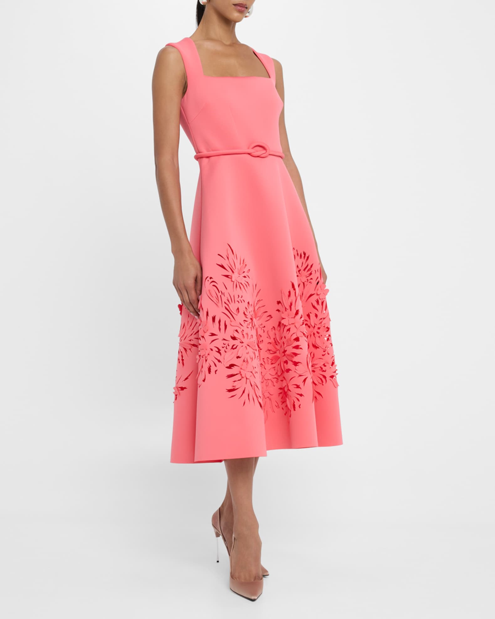 Badgley Mischka Cutout Square-Neck Scuba Midi Dress - Coral
