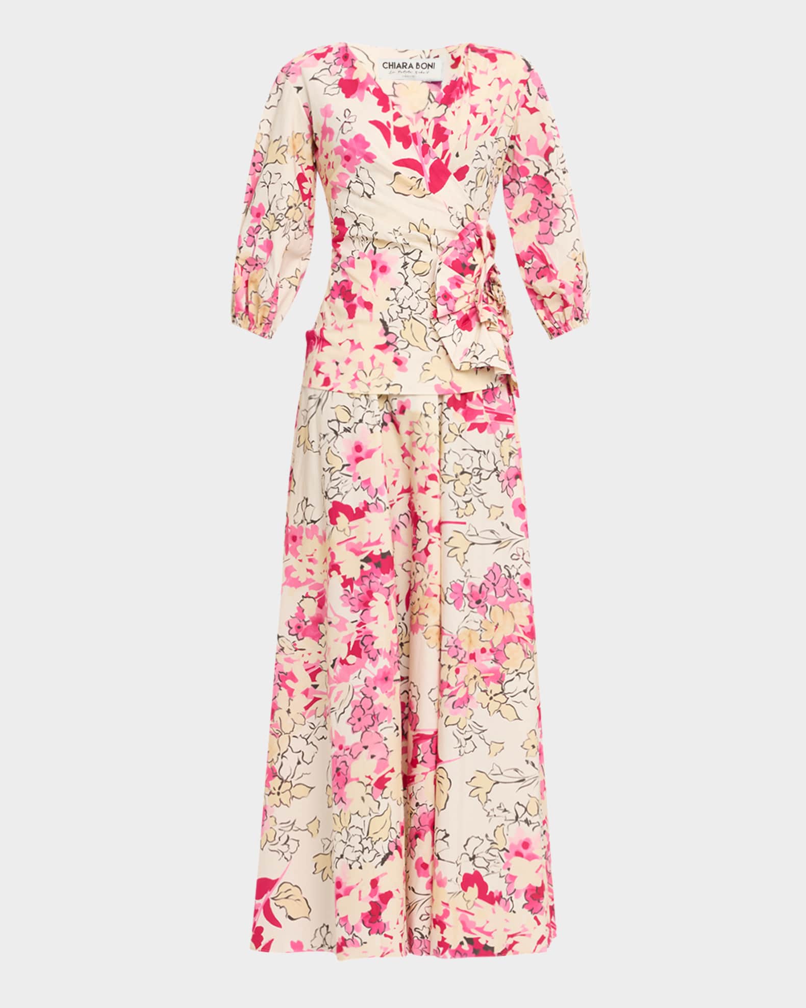 Floral-Print Side Ruffle Gown 0