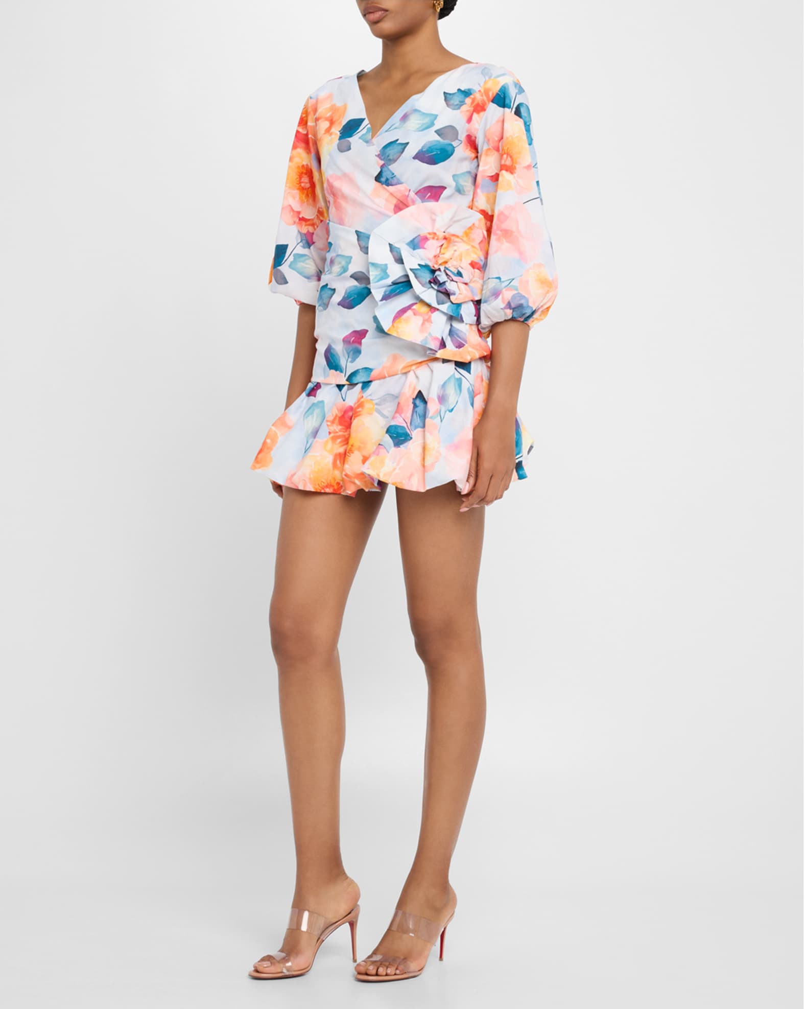 Ruched Watercolor-Print Bubble Mini Dress 1