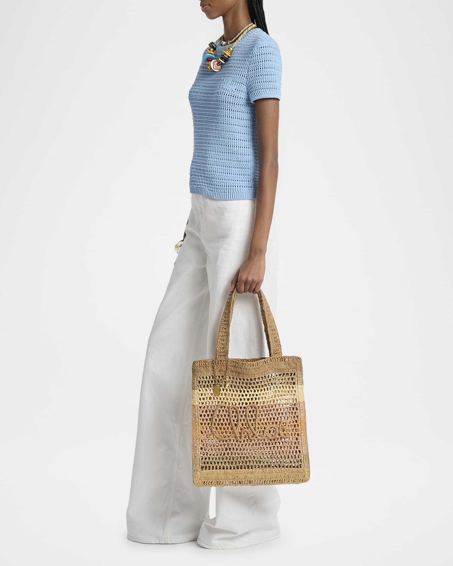 Chloe Summer Banana Tote Bag in Striped Crochet Paper and