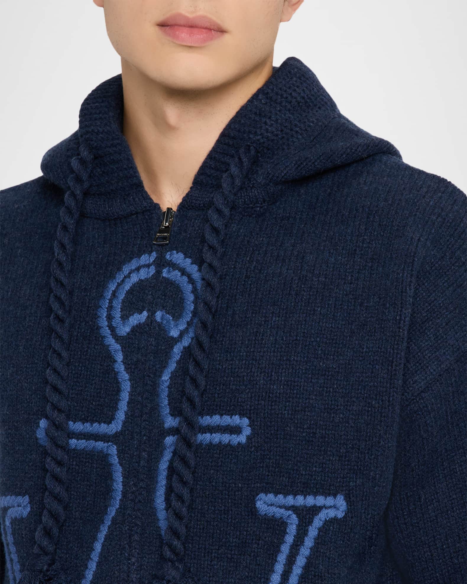 JW Anderson Men's Anchor Embroidery Zip Hoodie | Neiman Marcus