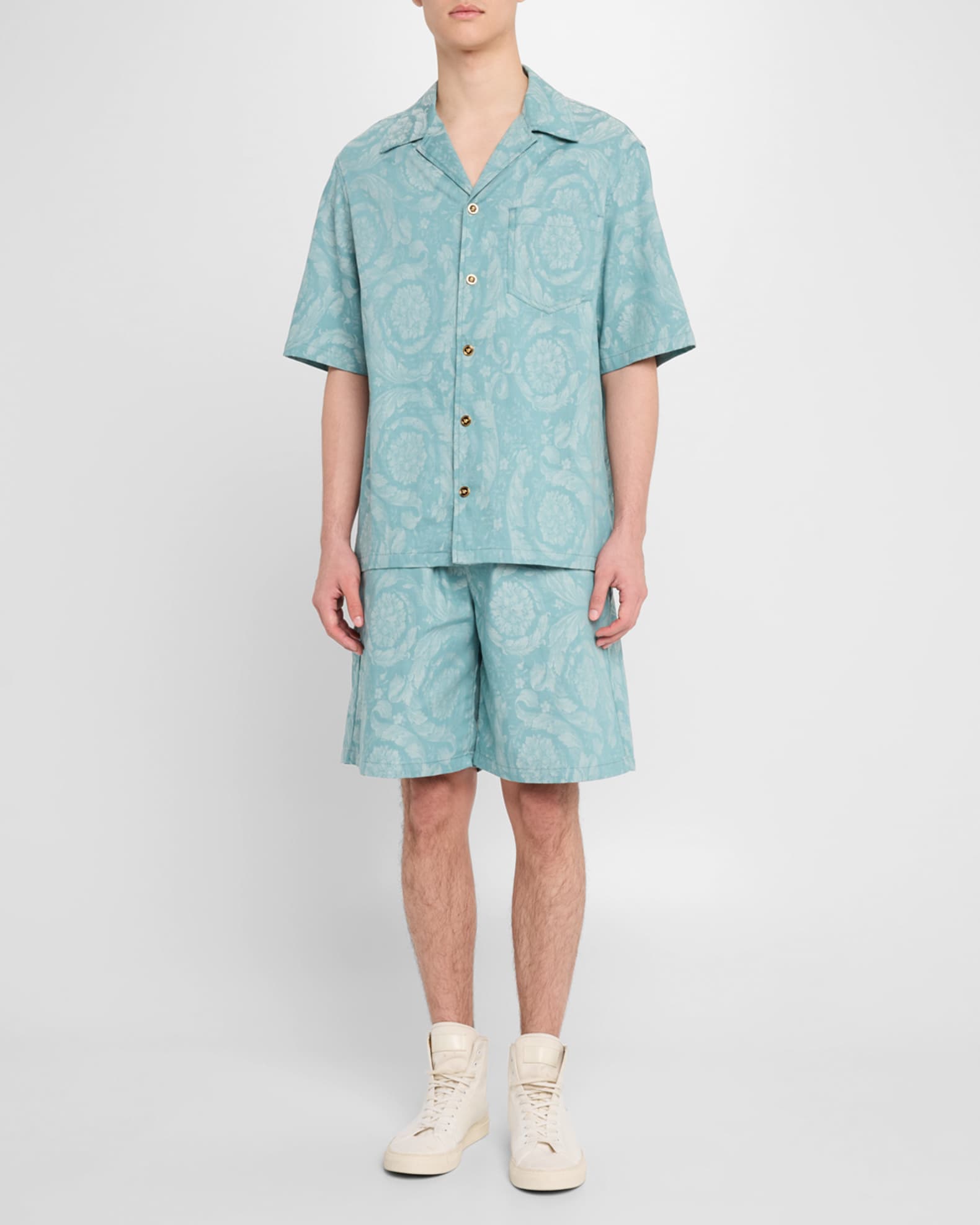 Versace Men's Barocco Denim Camp Shirt | Neiman Marcus