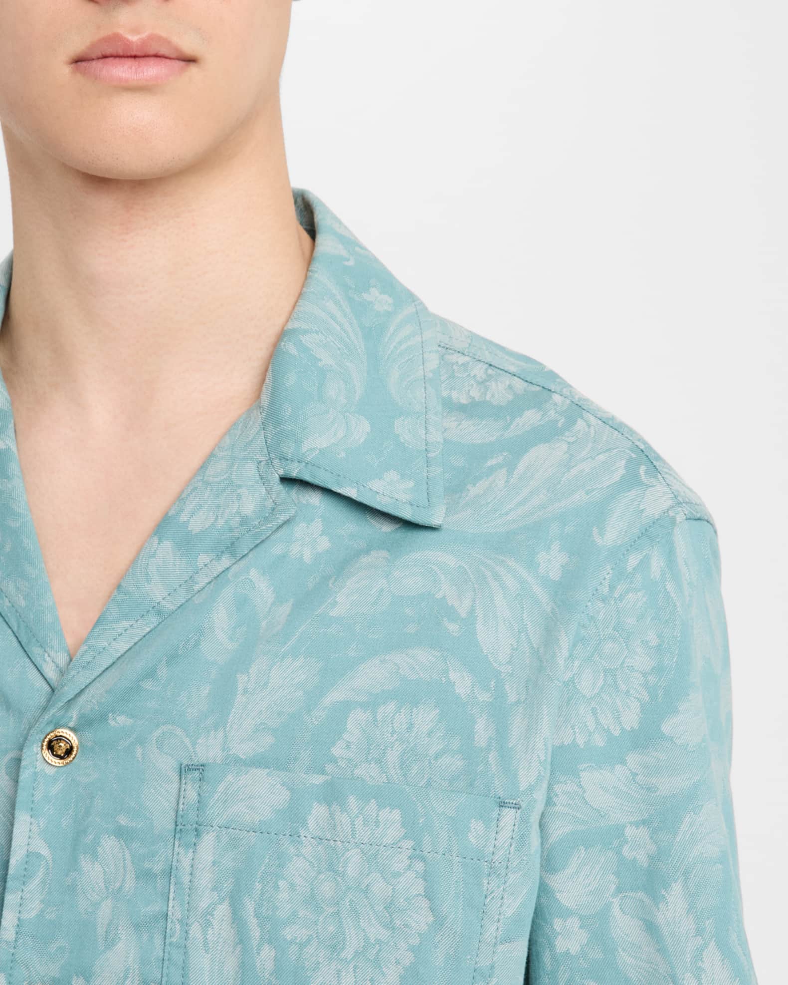 Versace Men's Barocco Denim Camp Shirt | Neiman Marcus