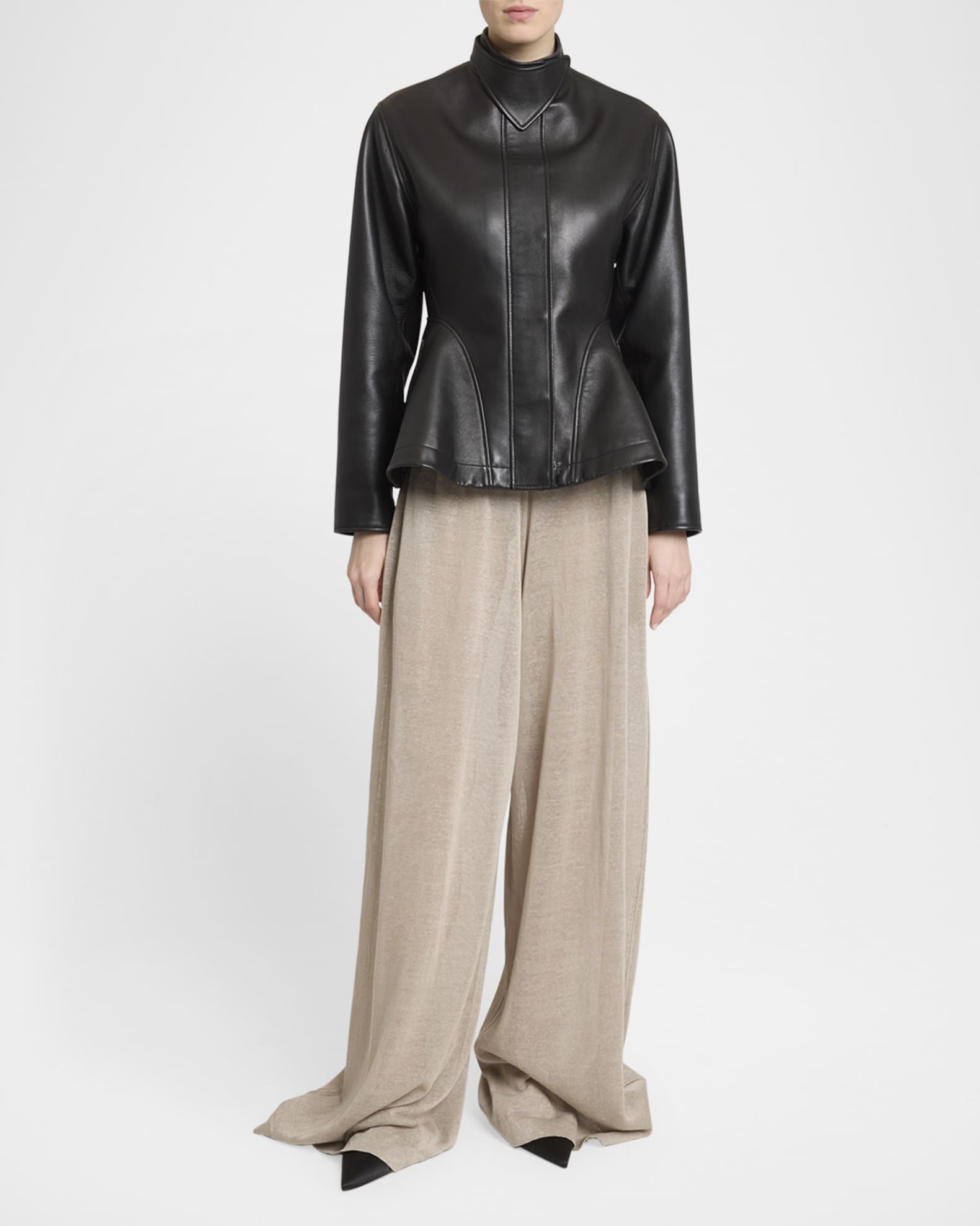 High-Neck Leather Peplum Jacket 1