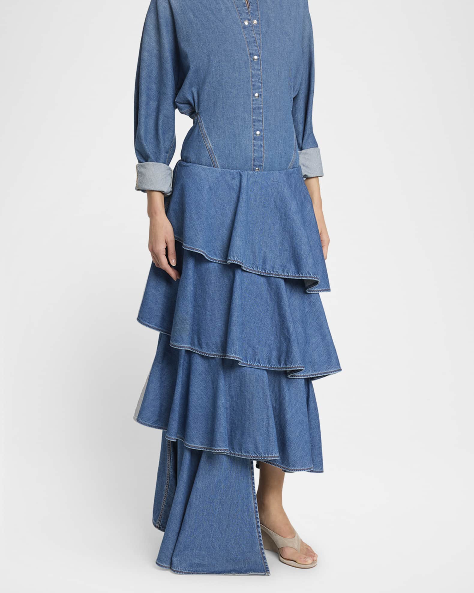 ALAIA Spiral Ruffle Denim Midi Skirt | Neiman Marcus