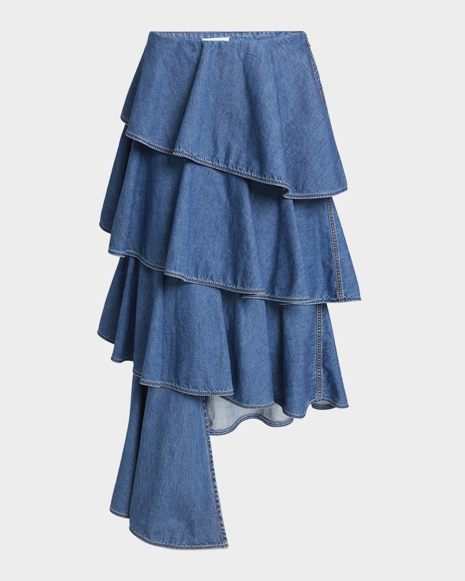 ALAIA Spiral Ruffle Denim Midi Skirt | Neiman Marcus