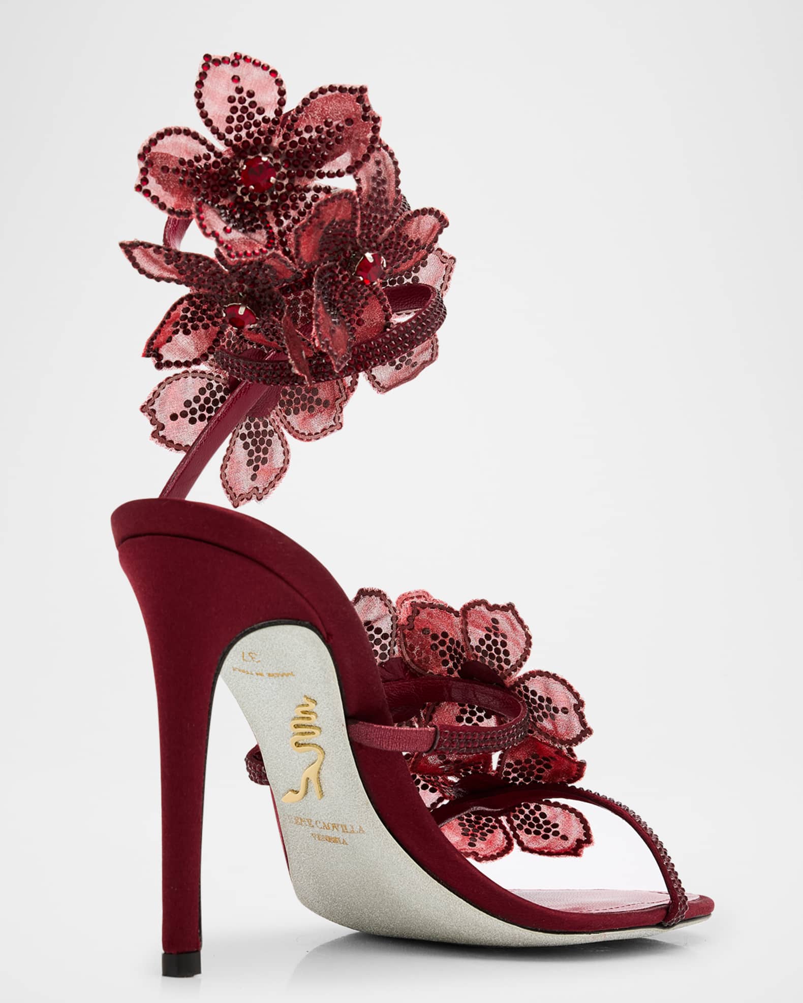 Floraine Crystal Flower Satin Snake Wrap Sandals 1