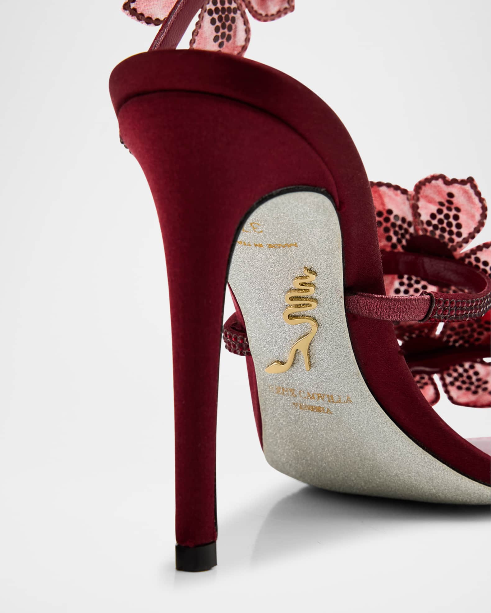 Rene Caovilla Floraine Crystal Flower Satin Snake Wrap Sandals