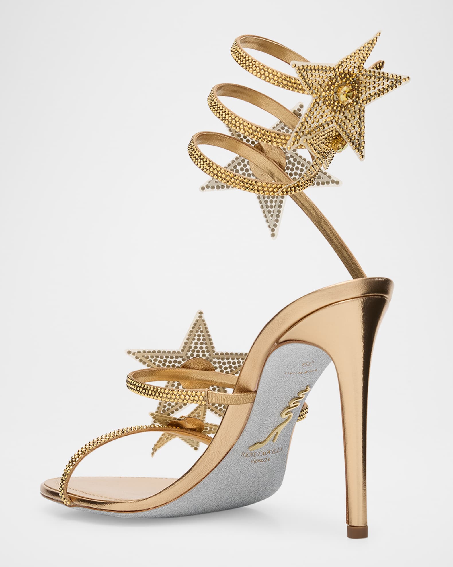 Rene Caovilla Cleo Crystal Star Satin Snake-Wrap Sandals | Neiman