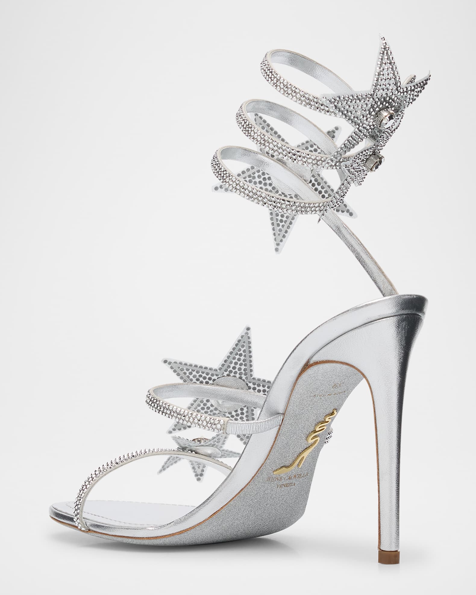 Rene Caovilla Cleo Crystal Star Satin Snake-Wrap Sandals | Neiman