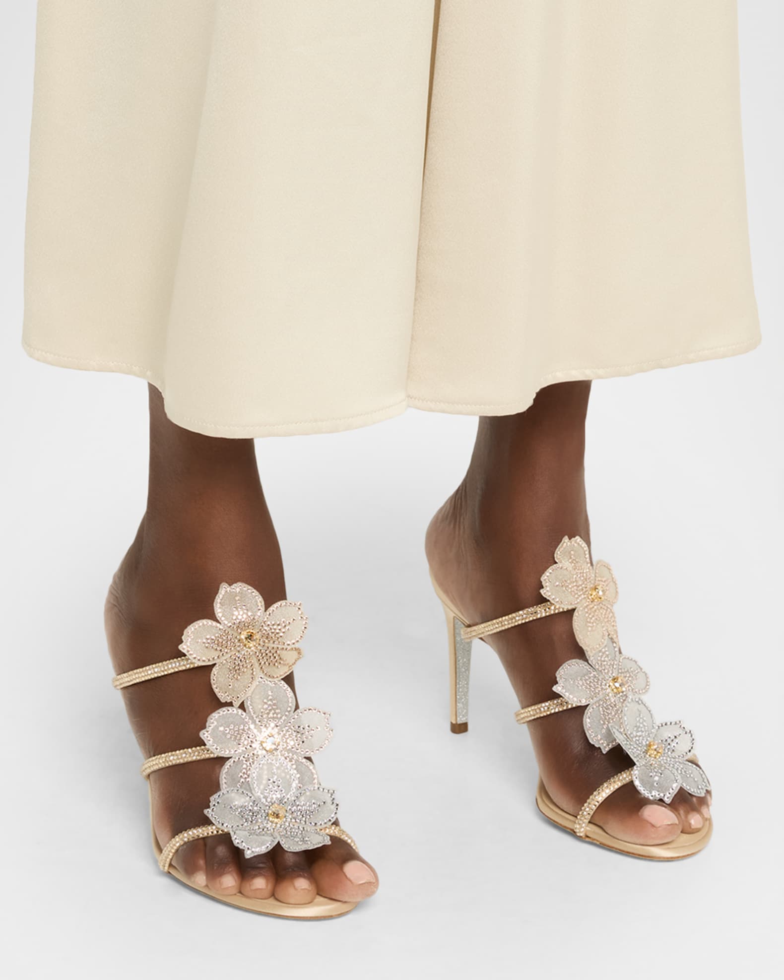 Floraine Crystal Flower Satin Cage Slide Sandals 1