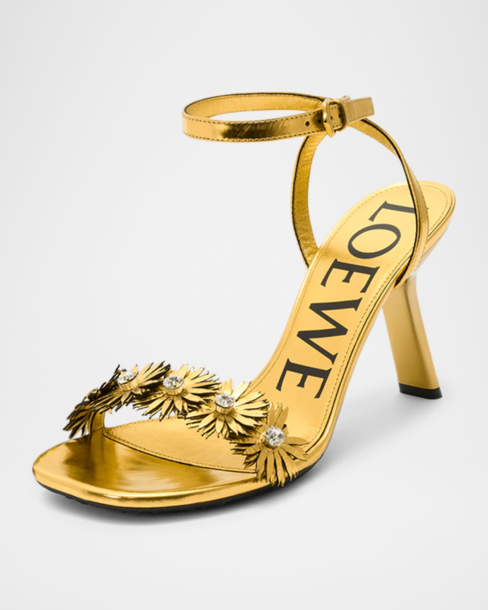 【LOEWE】ペタル フラワー メタリックレザー サンダル ゴールド Loewe Crystal Flower Metallic Leather Ankle-Strap Sandals