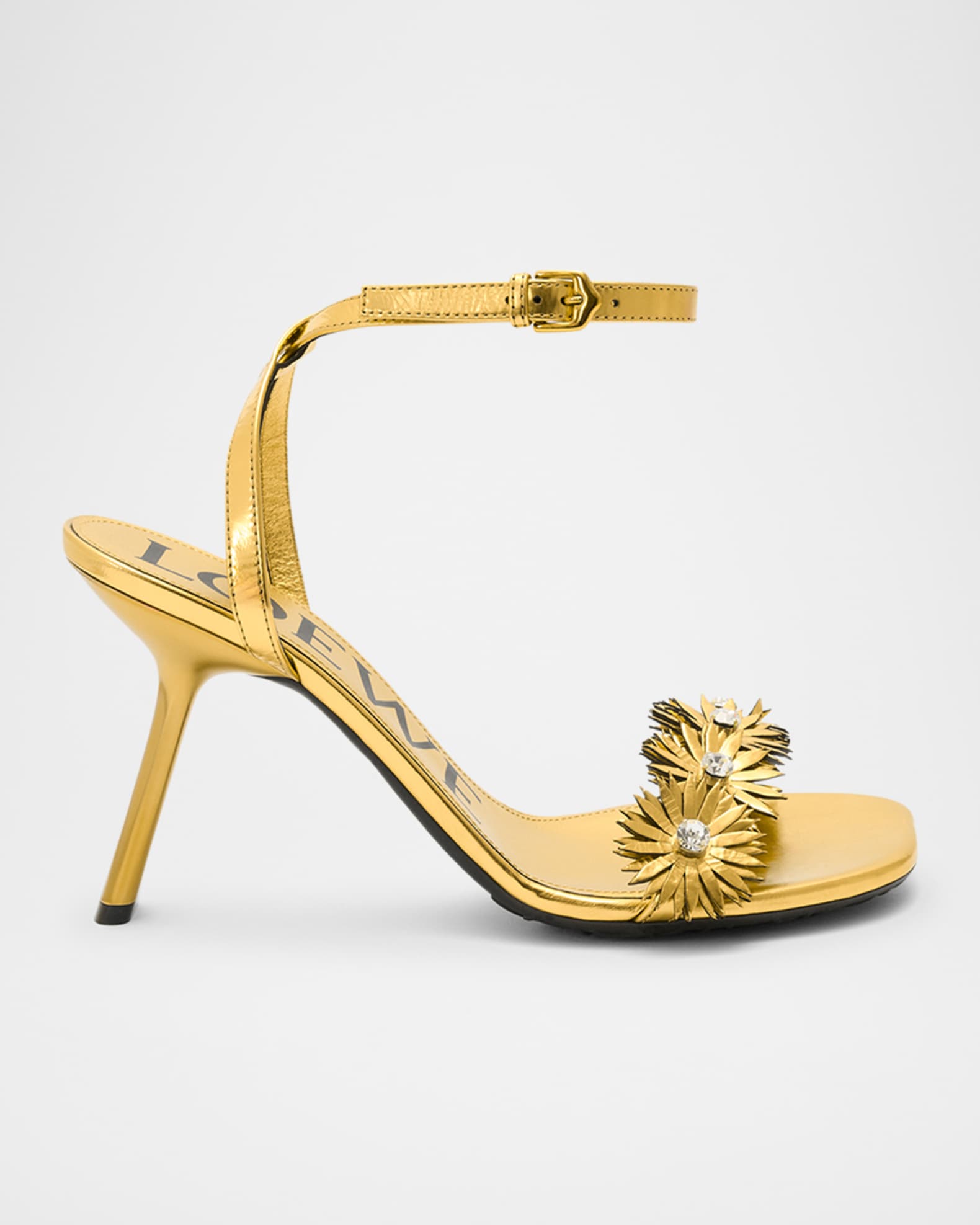 Crystal Flower Metallic Leather Ankle-Strap Sandals 0