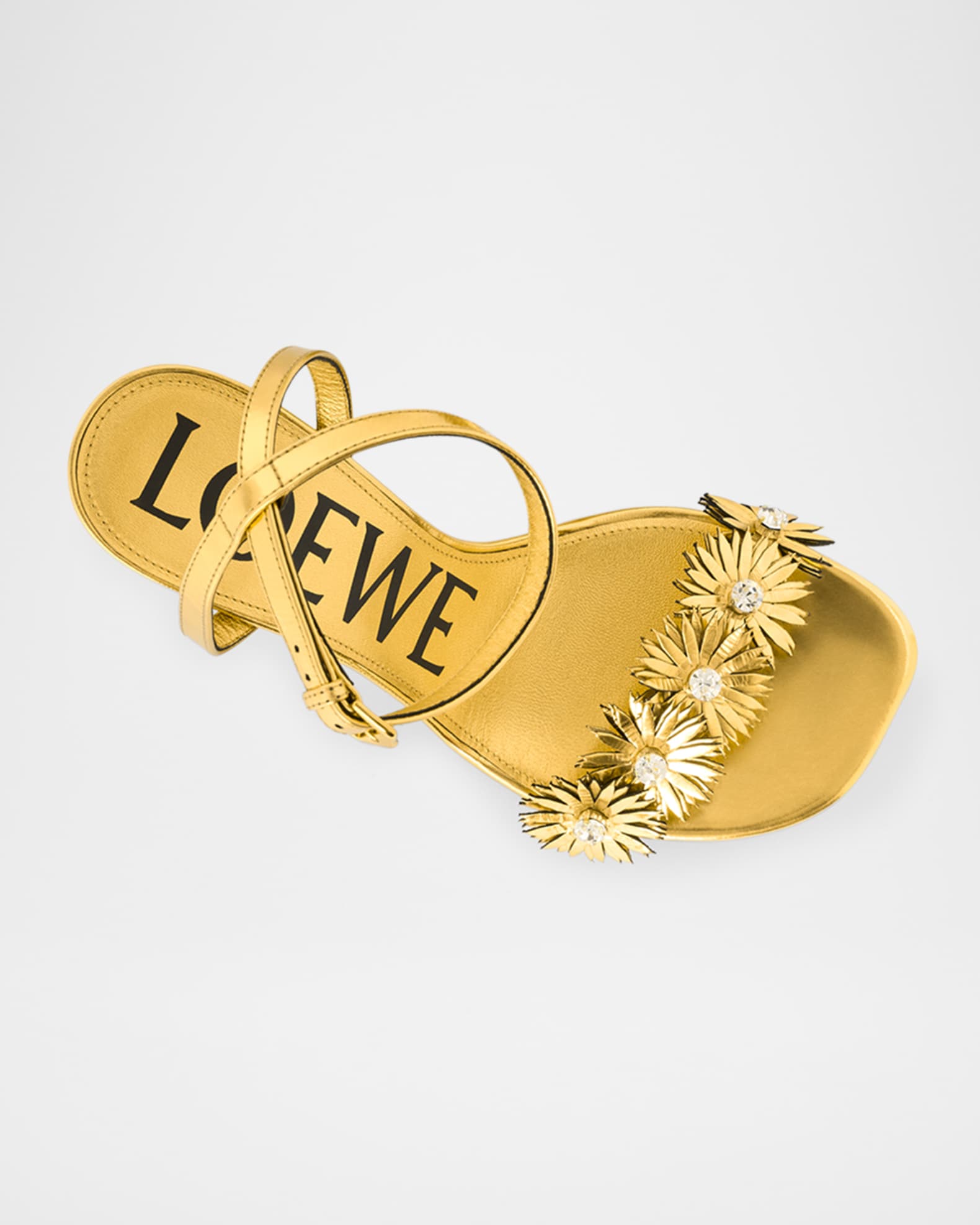 【LOEWE】メタリックカーフスキンの花びらサンダル Loewe Crystal Flower Metallic Leather Ankle-Strap Sandals