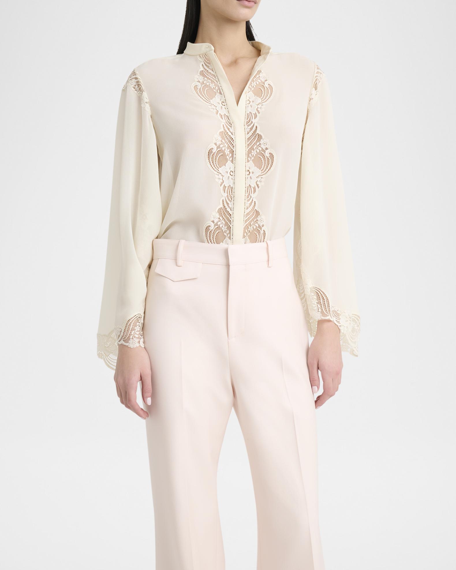 Chloe Lace Placket Tulip-Sleeve Silk Blouse | Neiman Marcus