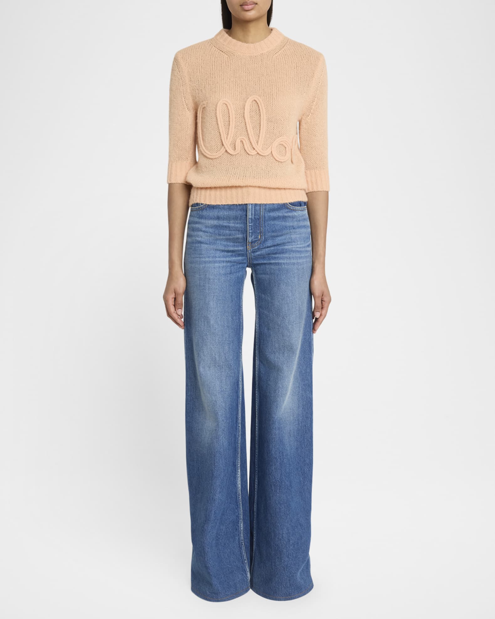 Logo Embroidered Open-Knit 3/4-Sleeve Sweater 1