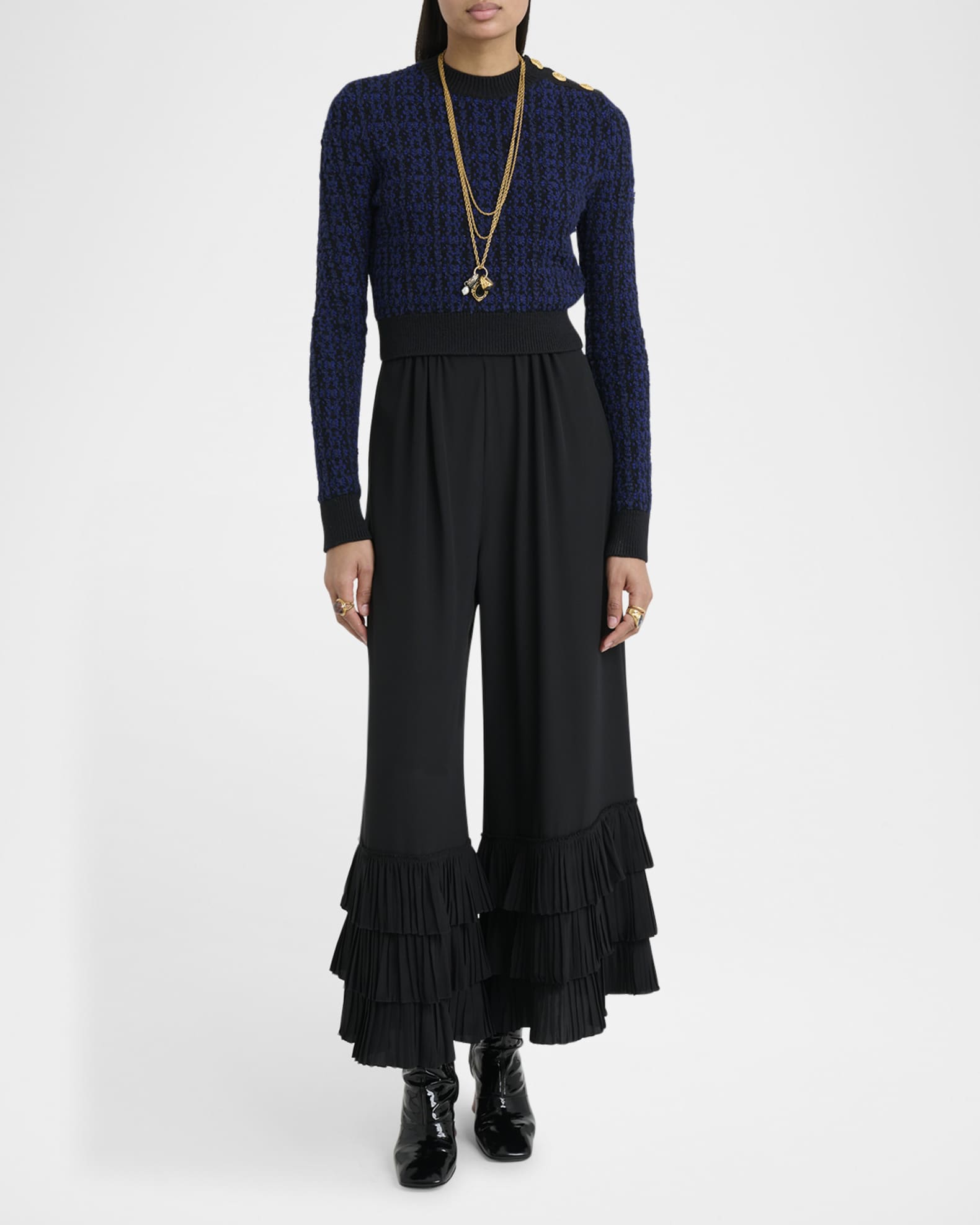 Button-Shoulder Boucle Knit Crop Sweater 1