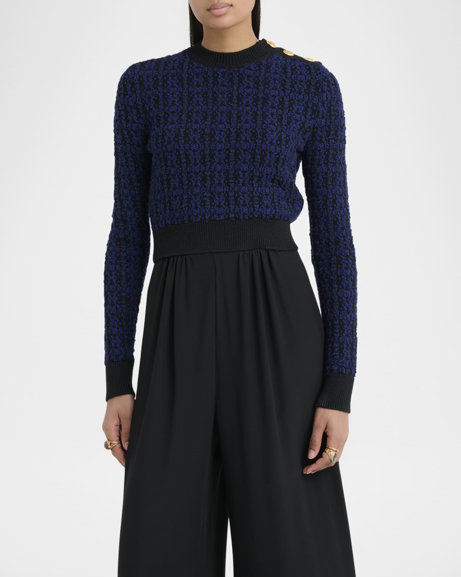 Chloe Button-Shoulder Boucle Knit Crop Sweater | Neiman Marcus