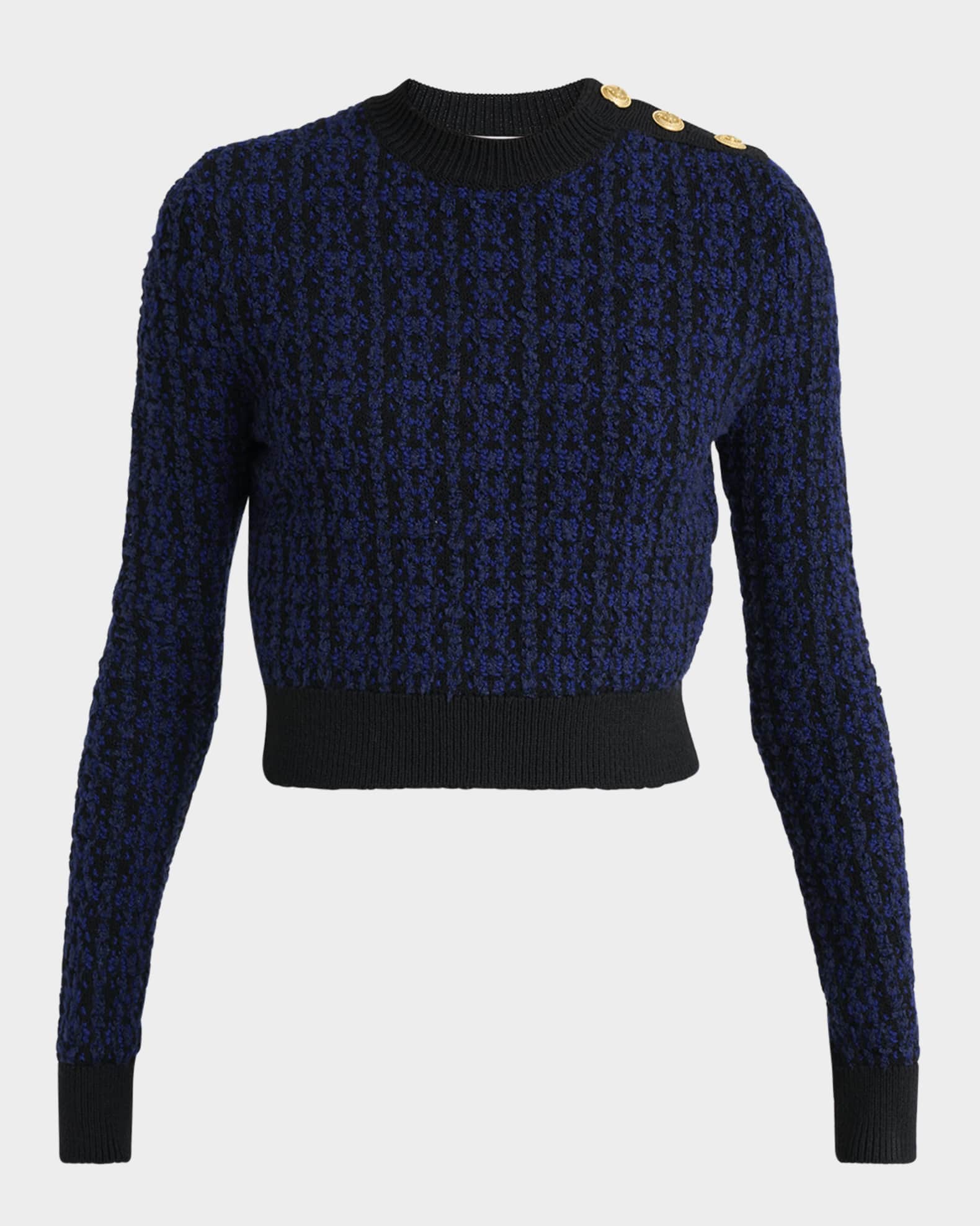 Button-Shoulder Boucle Knit Crop Sweater 0