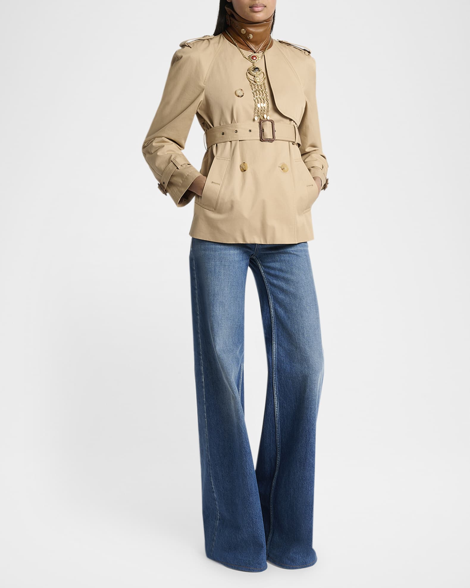 Leather-Collar Double-Breasted Short Trench Coat With Belt 1