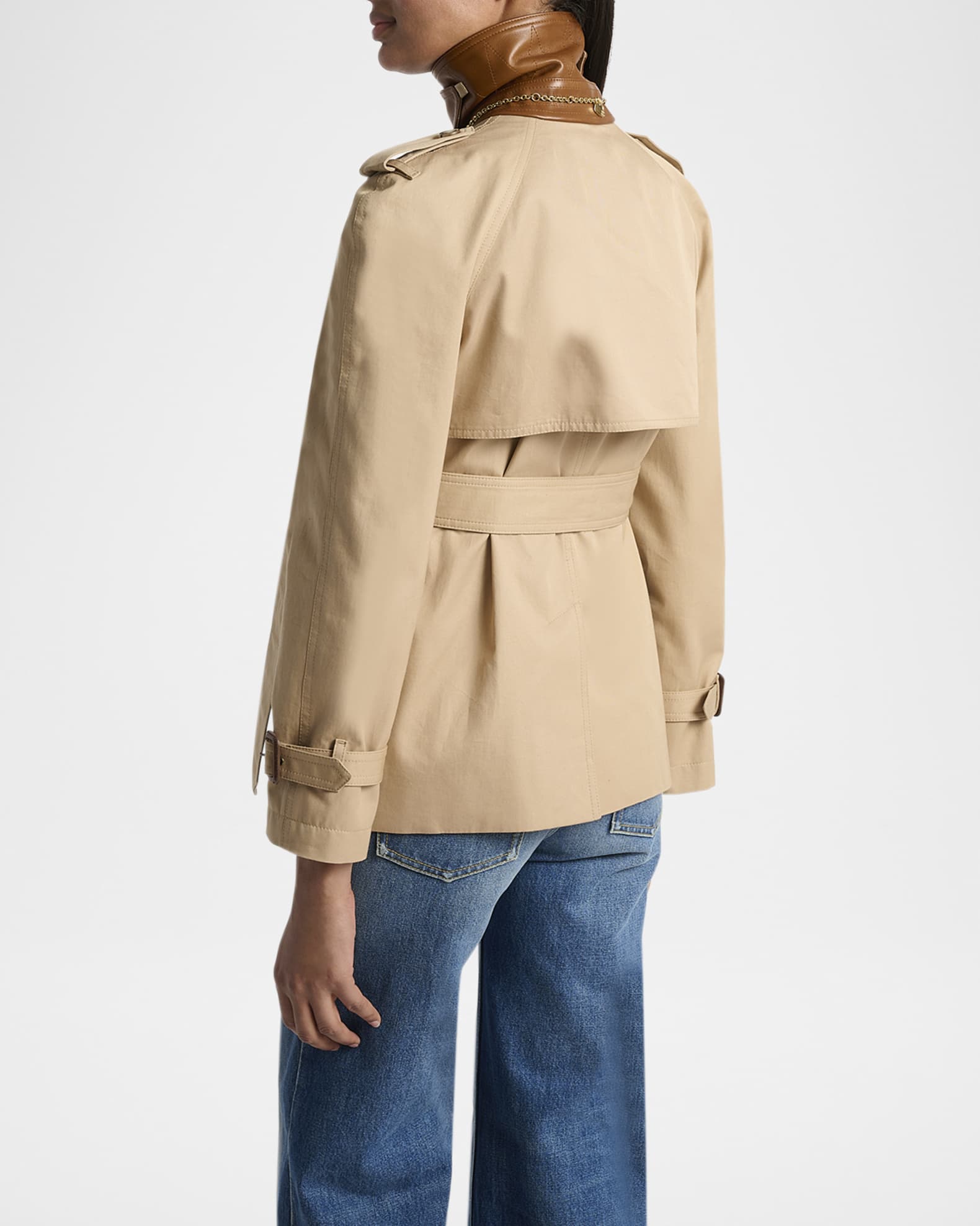 Chloe Leather-Collar Double-Breasted Short Trench Coat With