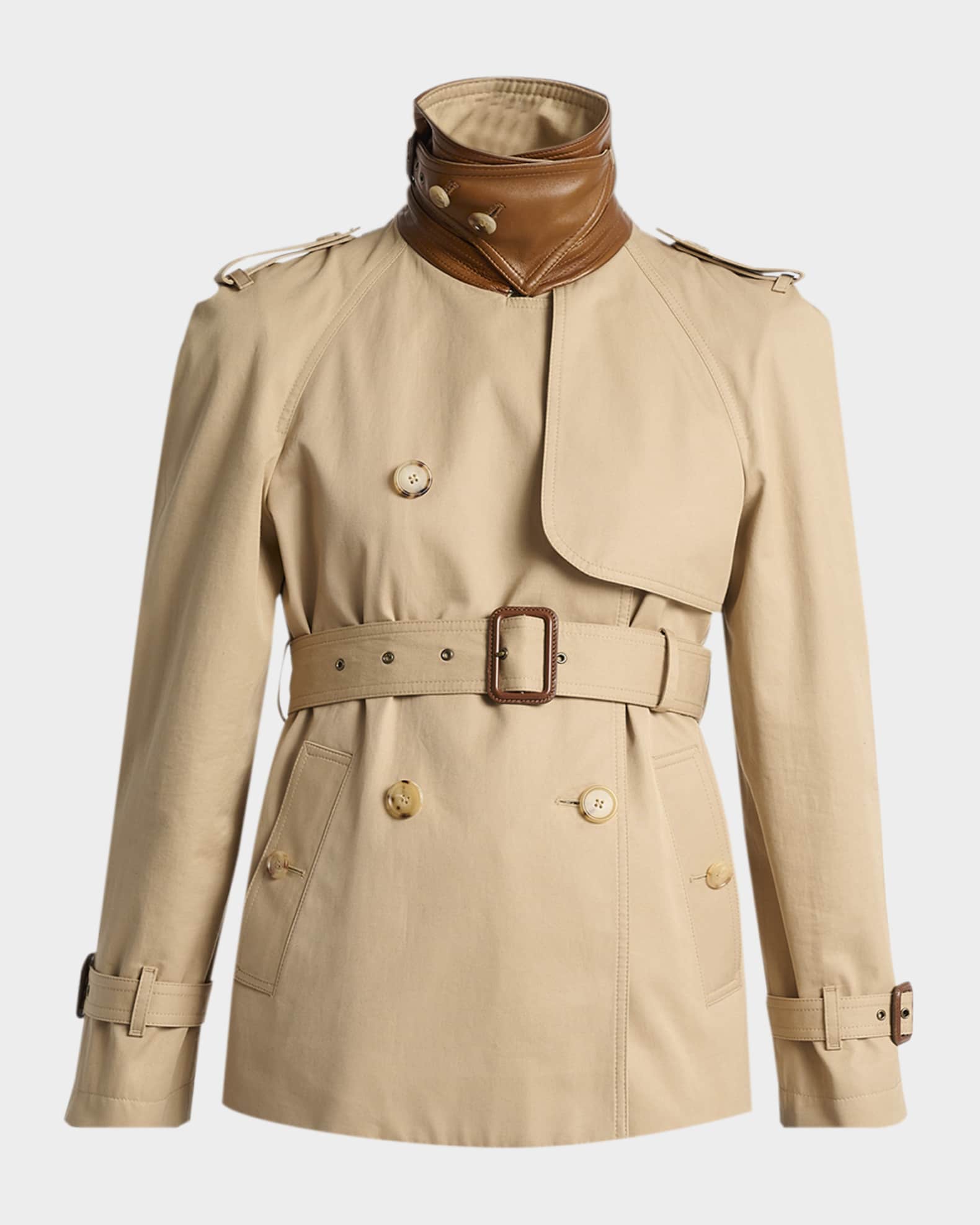 Leather-Collar Double-Breasted Short Trench Coat With Belt 0
