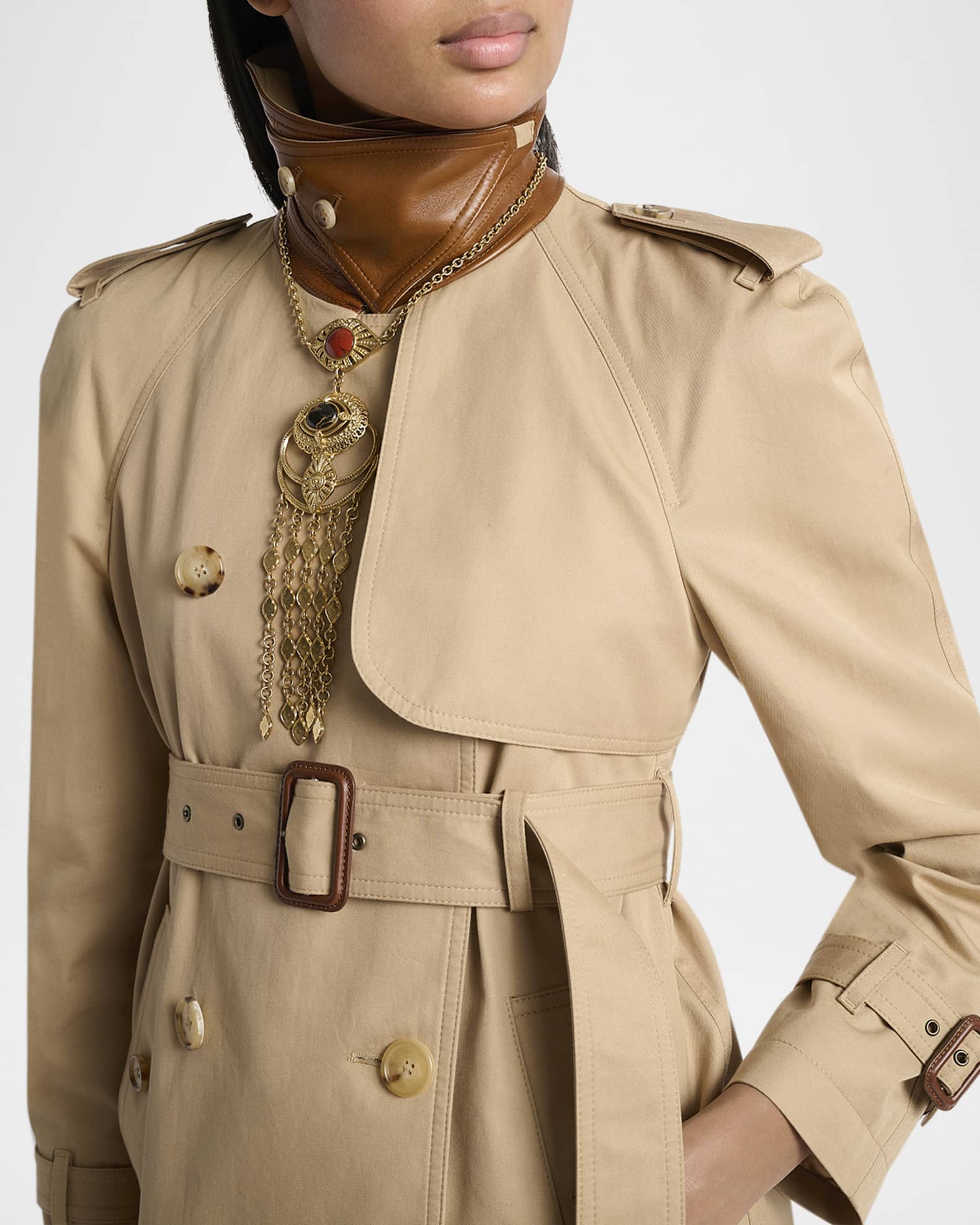 Chloe Leather-Collar Double-Breasted Short Trench Coat With