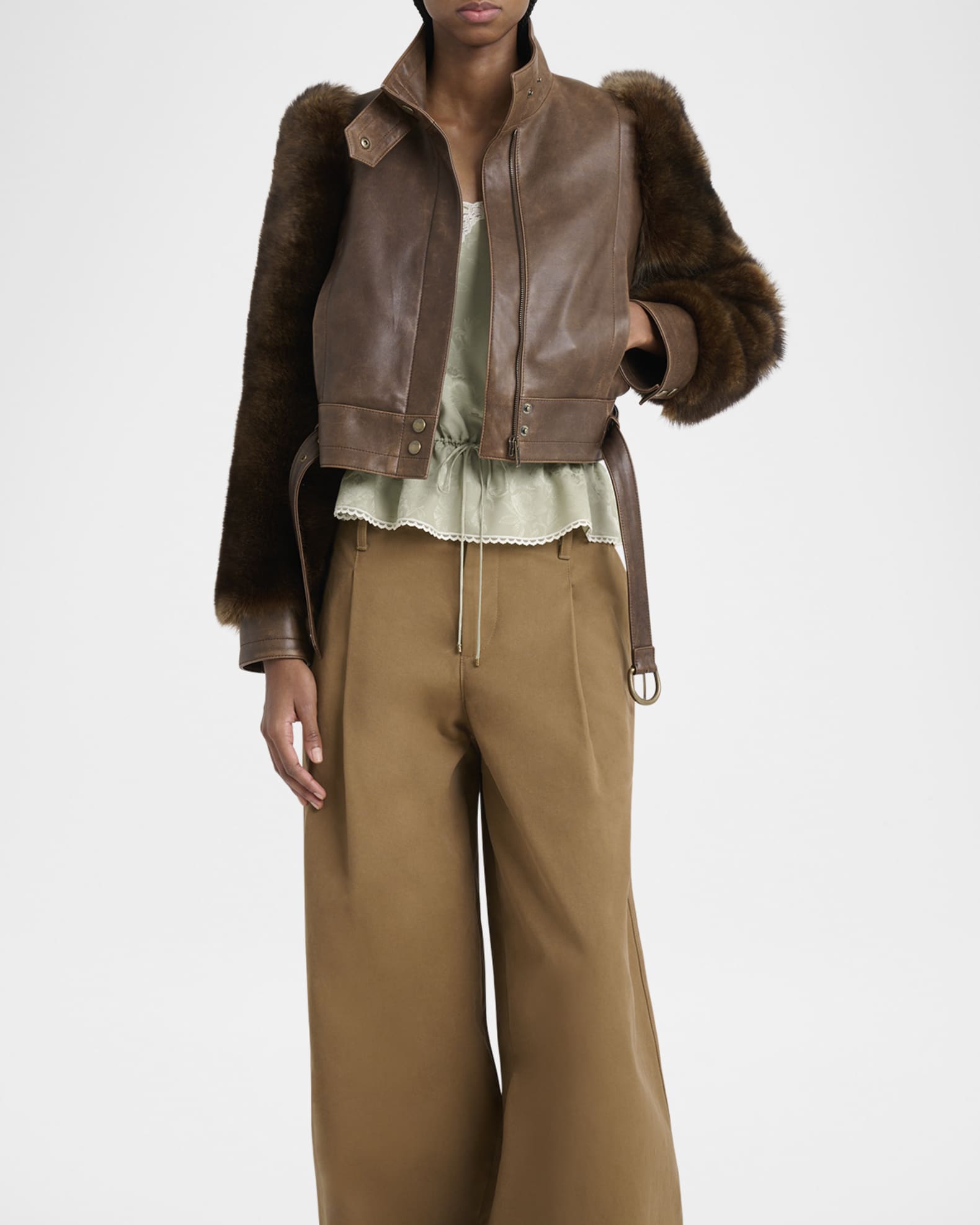 Chloe Faux Fur Sleeves Leather Bomber Jacket | Neiman Marcus