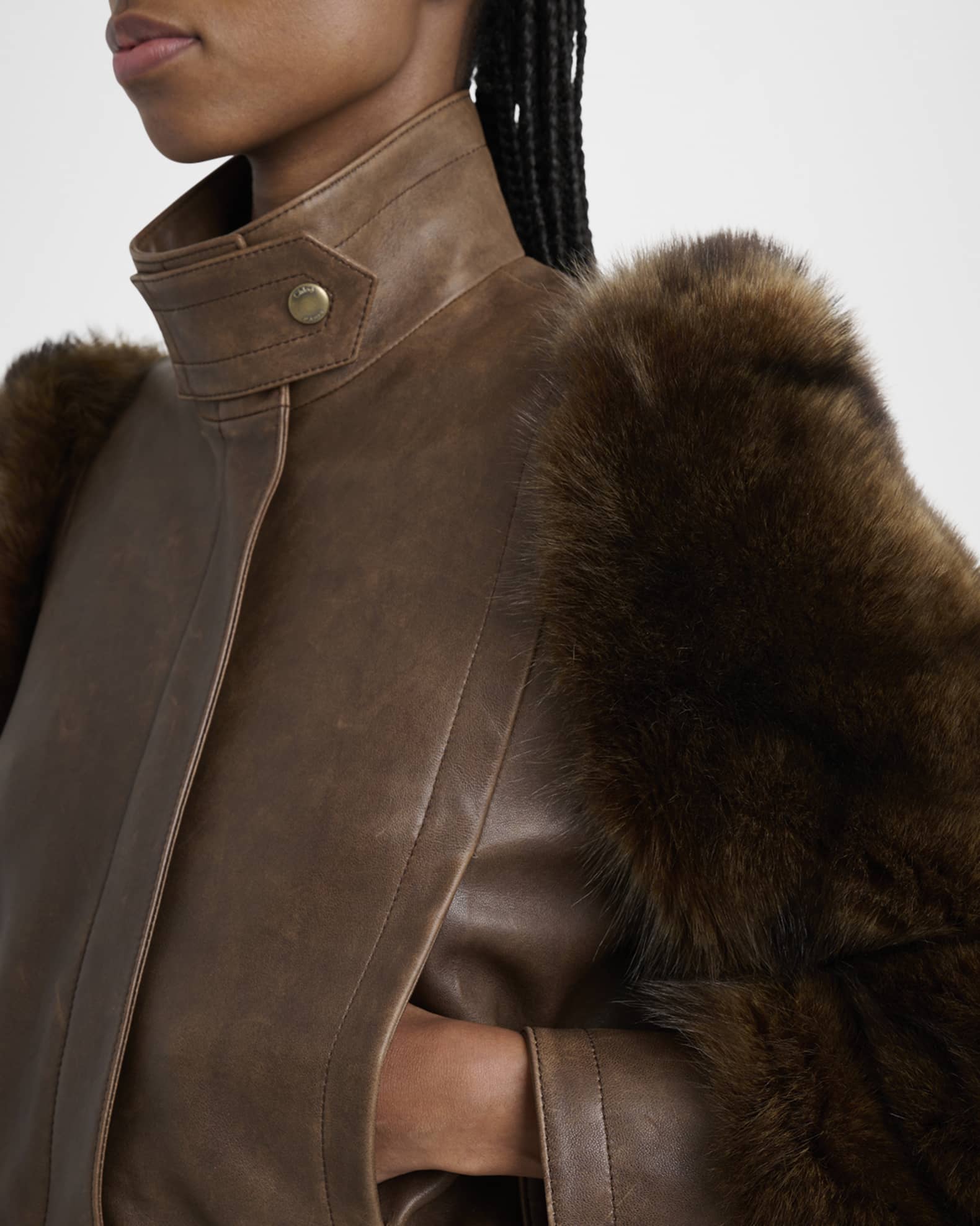 Chloe Faux Fur Sleeves Leather Bomber Jacket | Neiman Marcus