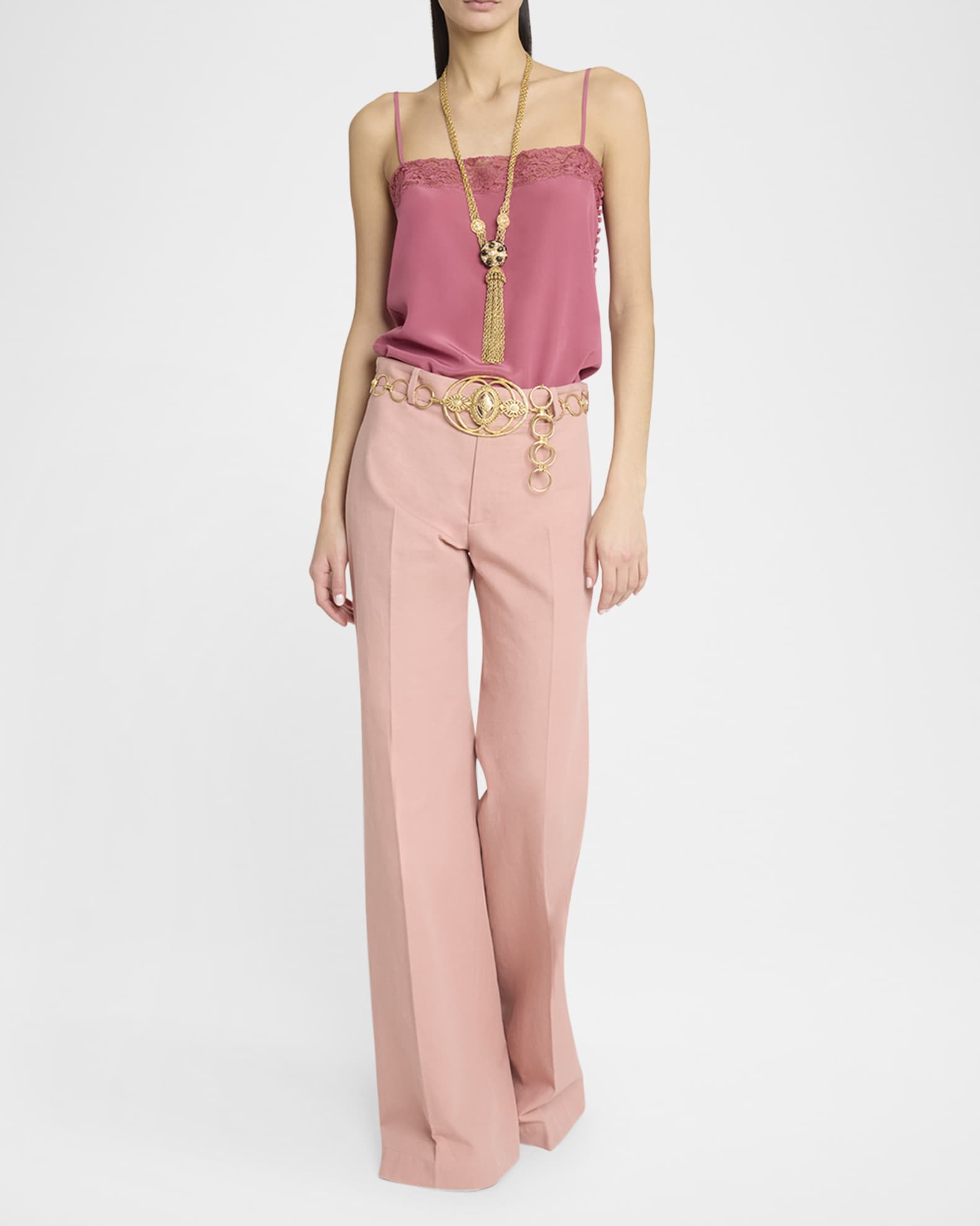 Lace-Trim Silk Button-Side Cami Tank 1