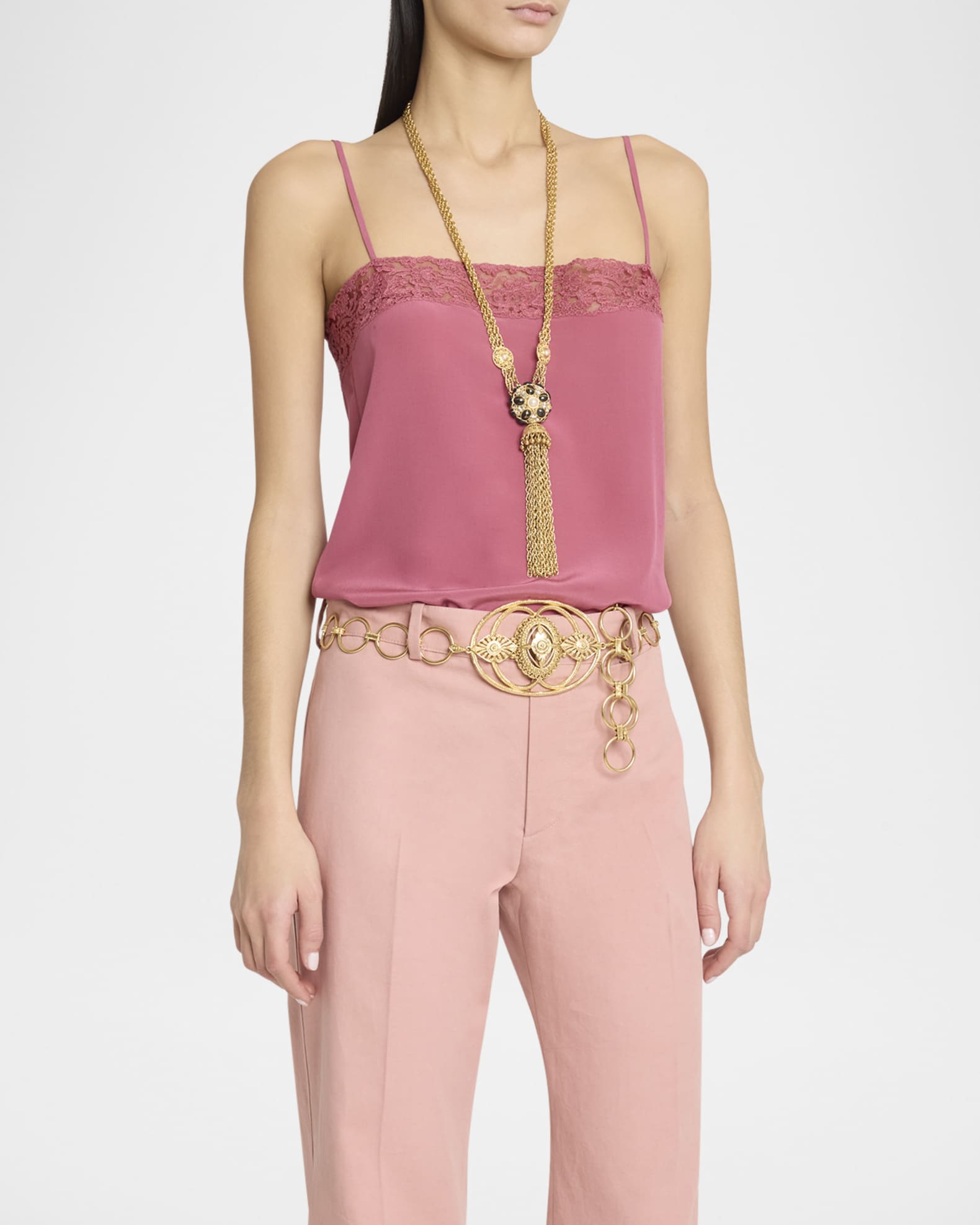Chloe Lace-Trim Silk Button-Side Cami Tank | Neiman Marcus