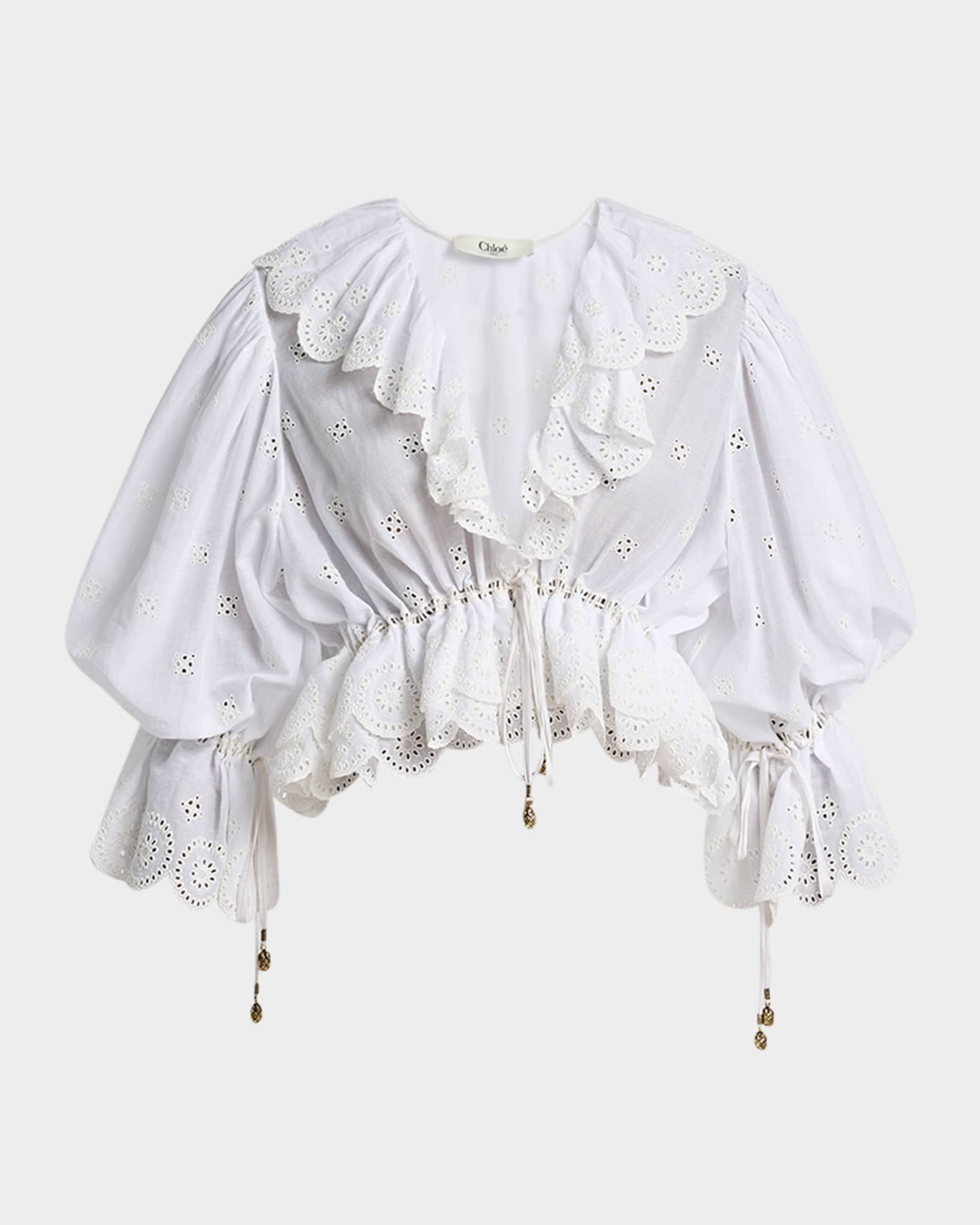 Eyelet Cotton Ruffle Crop Peasant Blouse 0