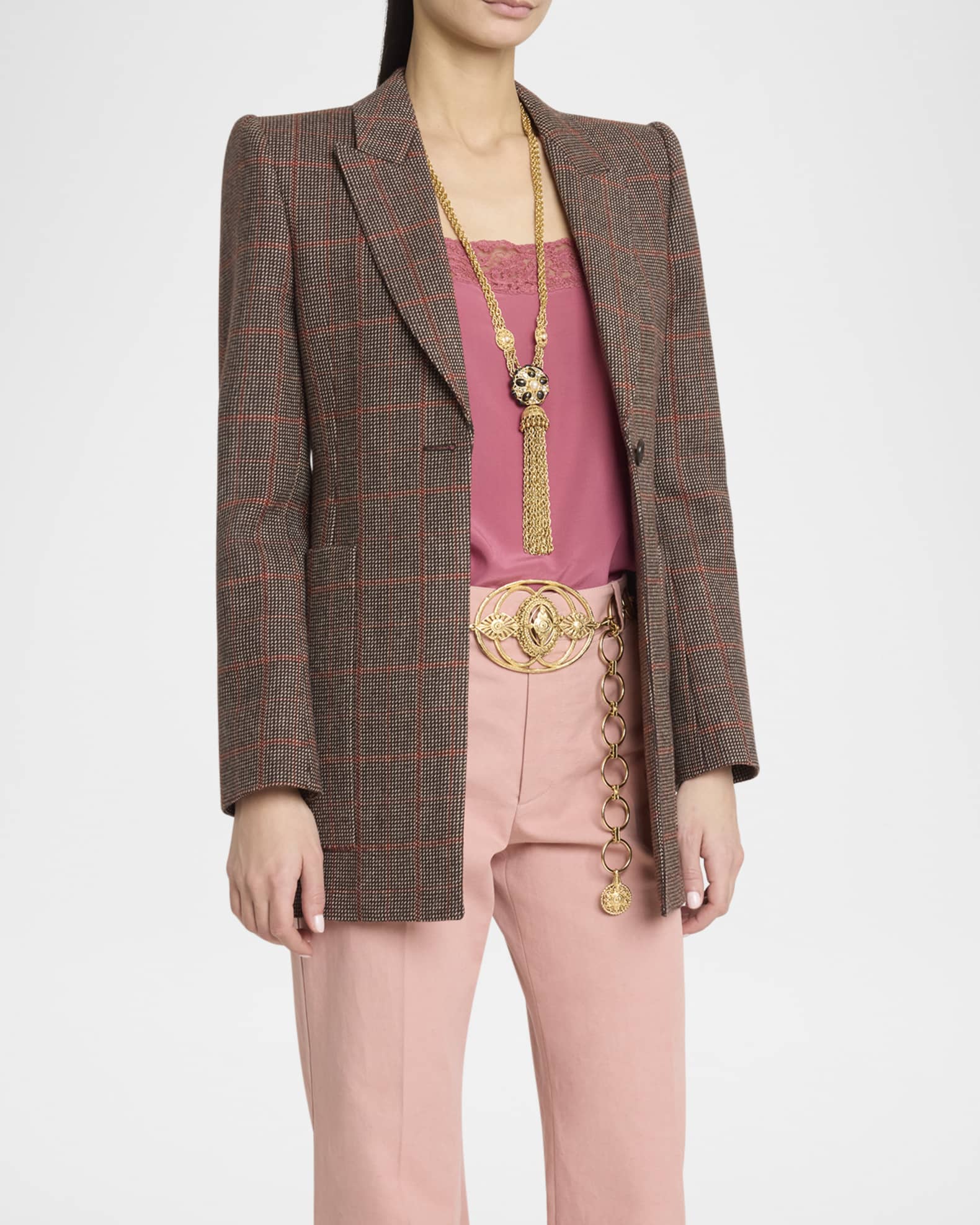 ジャケット CHLOE SINGLE-BREASTED CHECKED BROWN WOOL JACKET Chloe Plaid Single-Breasted Jacket | Neiman Marcus