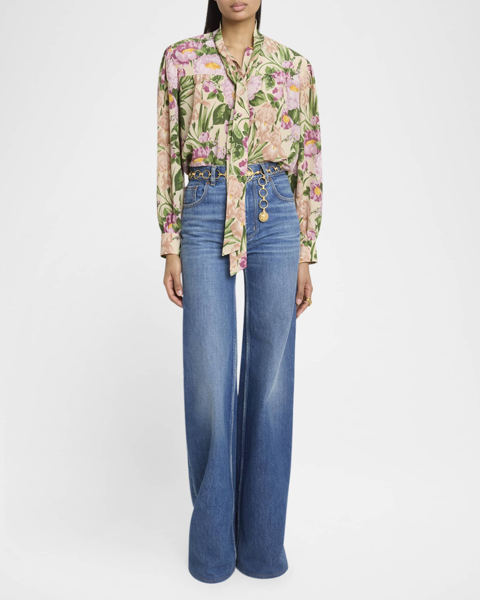 Floral Silk Neck-Tie Button-Down Blouse 1