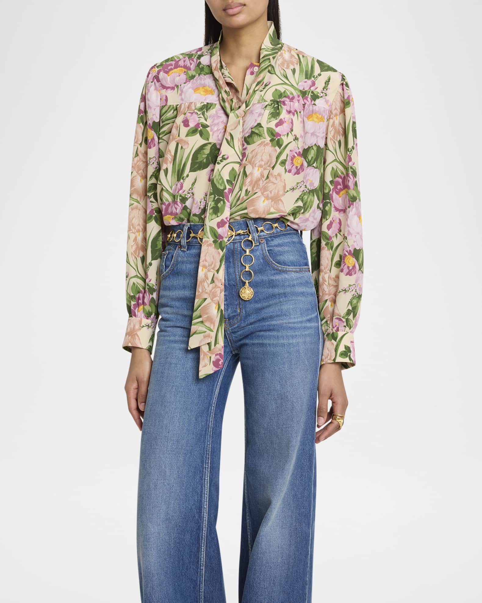 Tシャツ・カットソー CHLOE LIGHT GREEN SILK JACQUARD TOP WITH ROSES Chloe Silk Roses Jacquard Top in Deep Water | FWRD