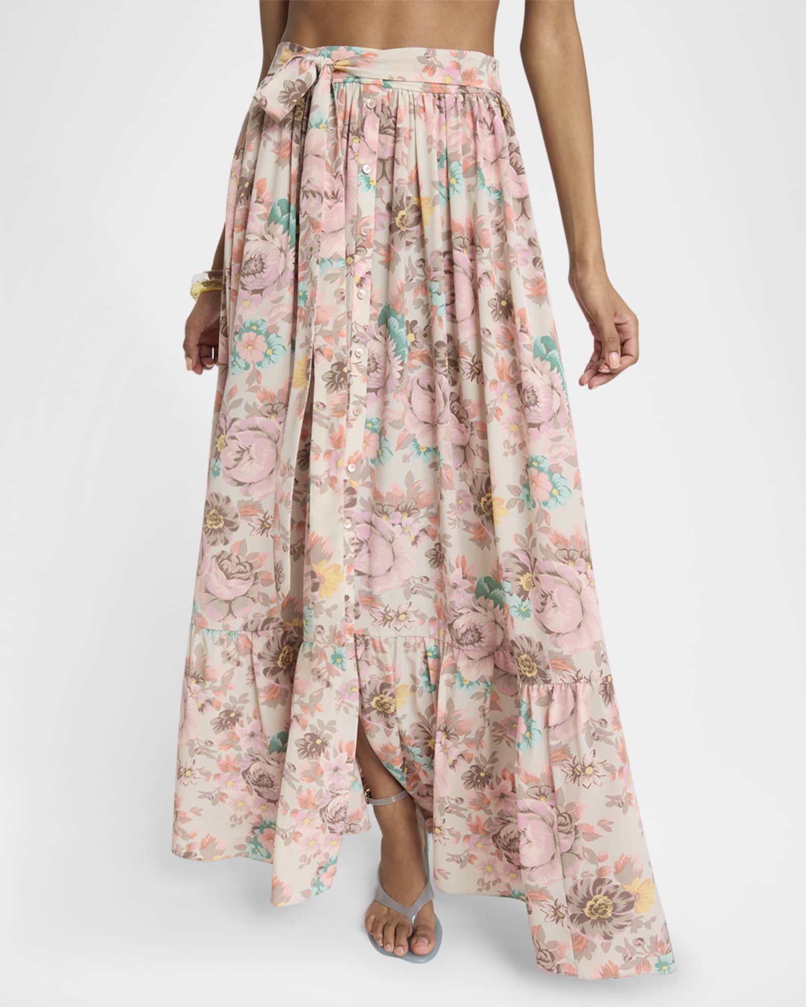 【全品送料無料】 Chloe Marcus Neiman | Skirt Maxi Silk Floral-Print Belted ひざ丈スカート